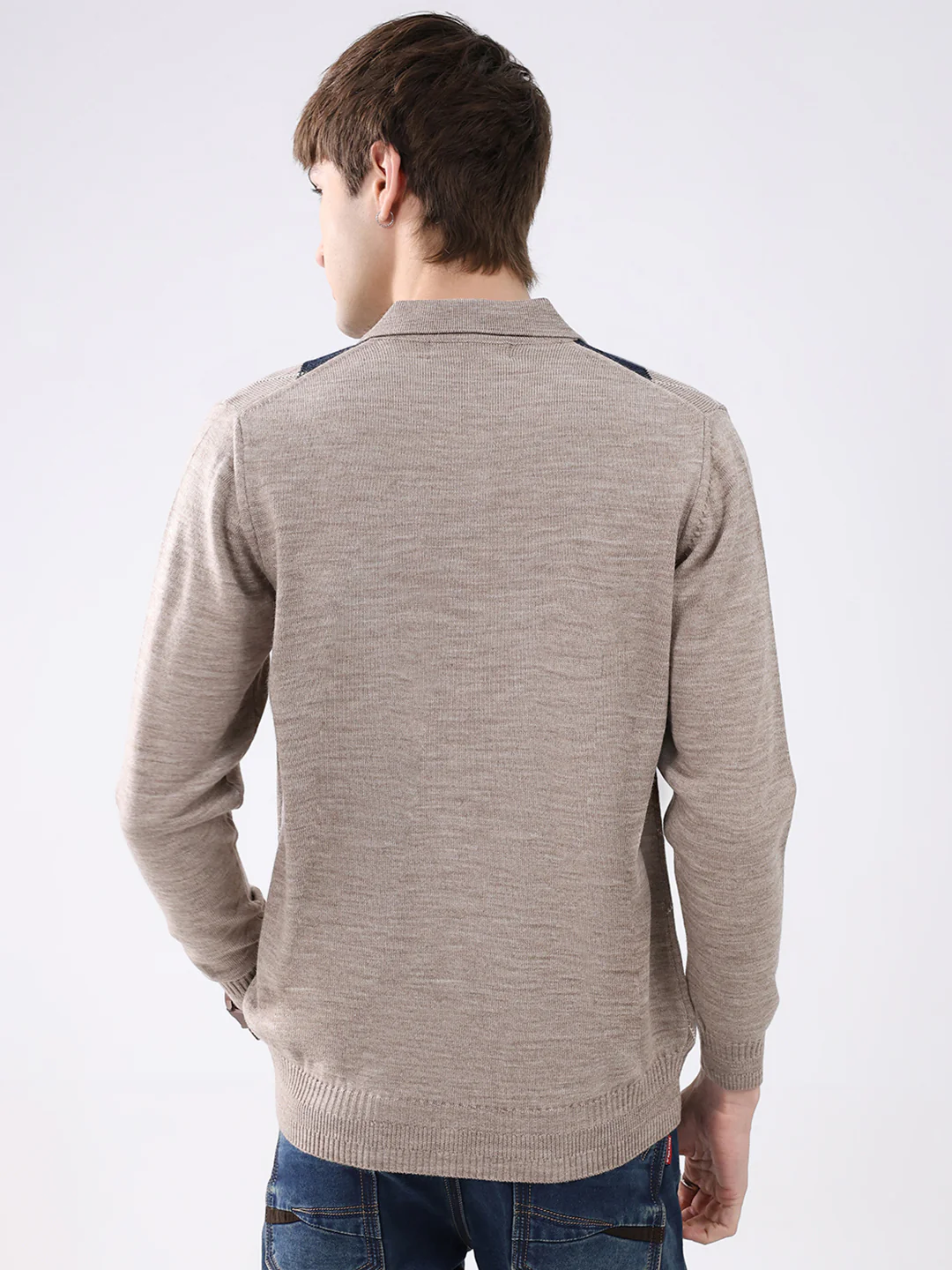 Men Beige Printed Collar Full Sleeve Winter T-Shirt - Image 5