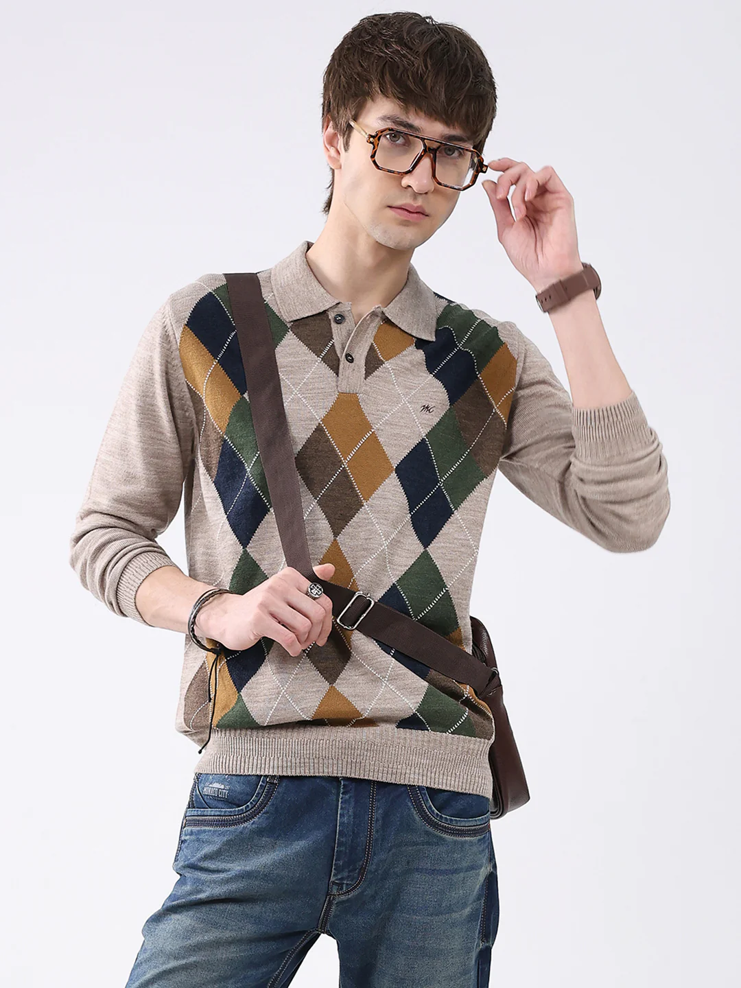 Men Beige Printed Collar Full Sleeve Winter T-Shirt - Image 6
