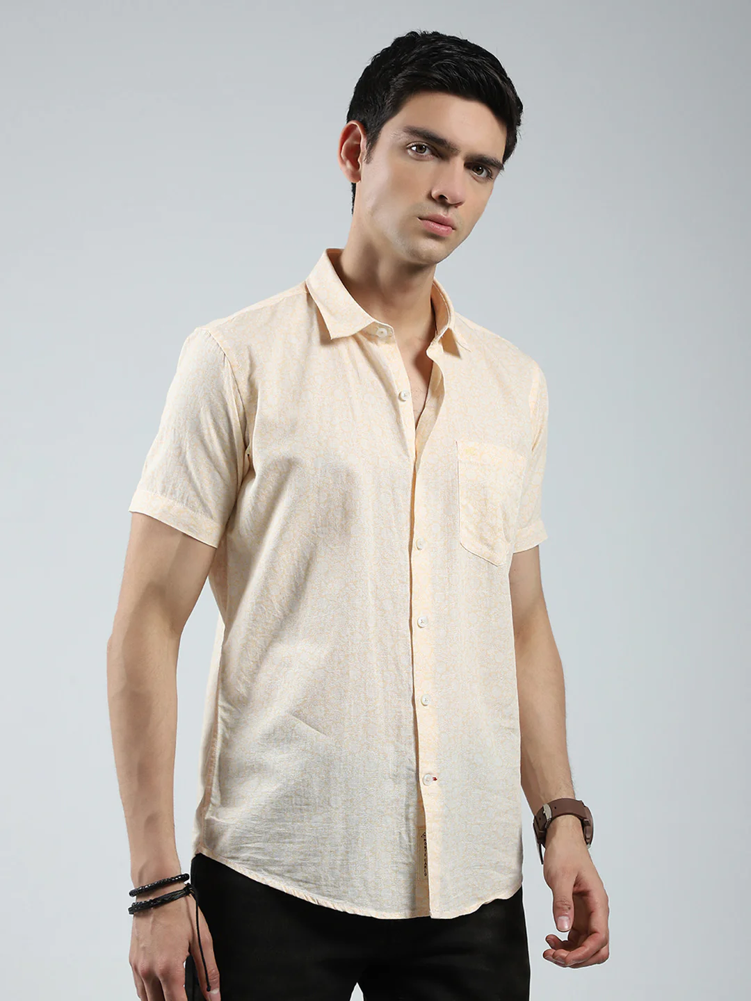 Men Beige Printed Collar Half Sleeve Linen Shirt - Image 4