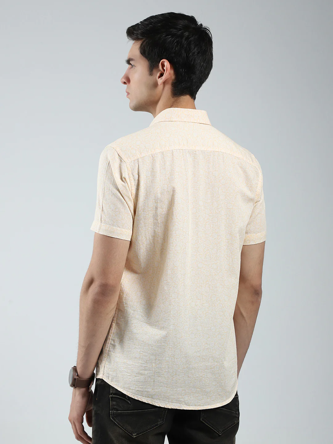 Men Beige Printed Collar Half Sleeve Linen Shirt - Image 5
