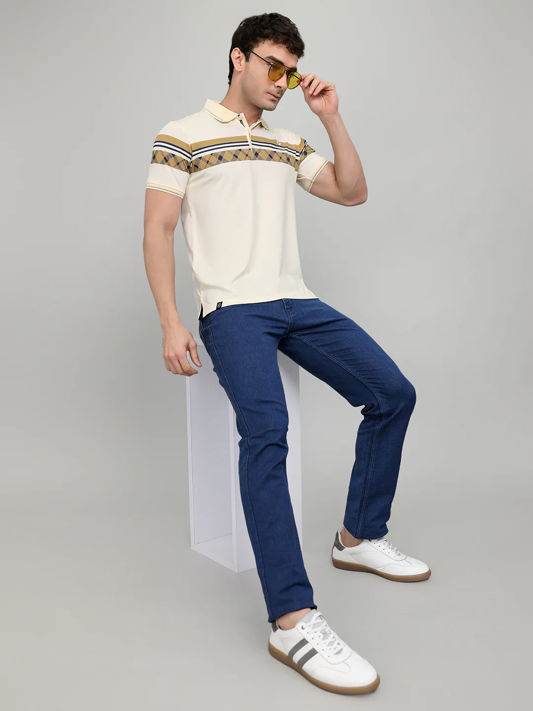 Men Beige Printed Collar Half Sleeve T-Shirt - Image 6