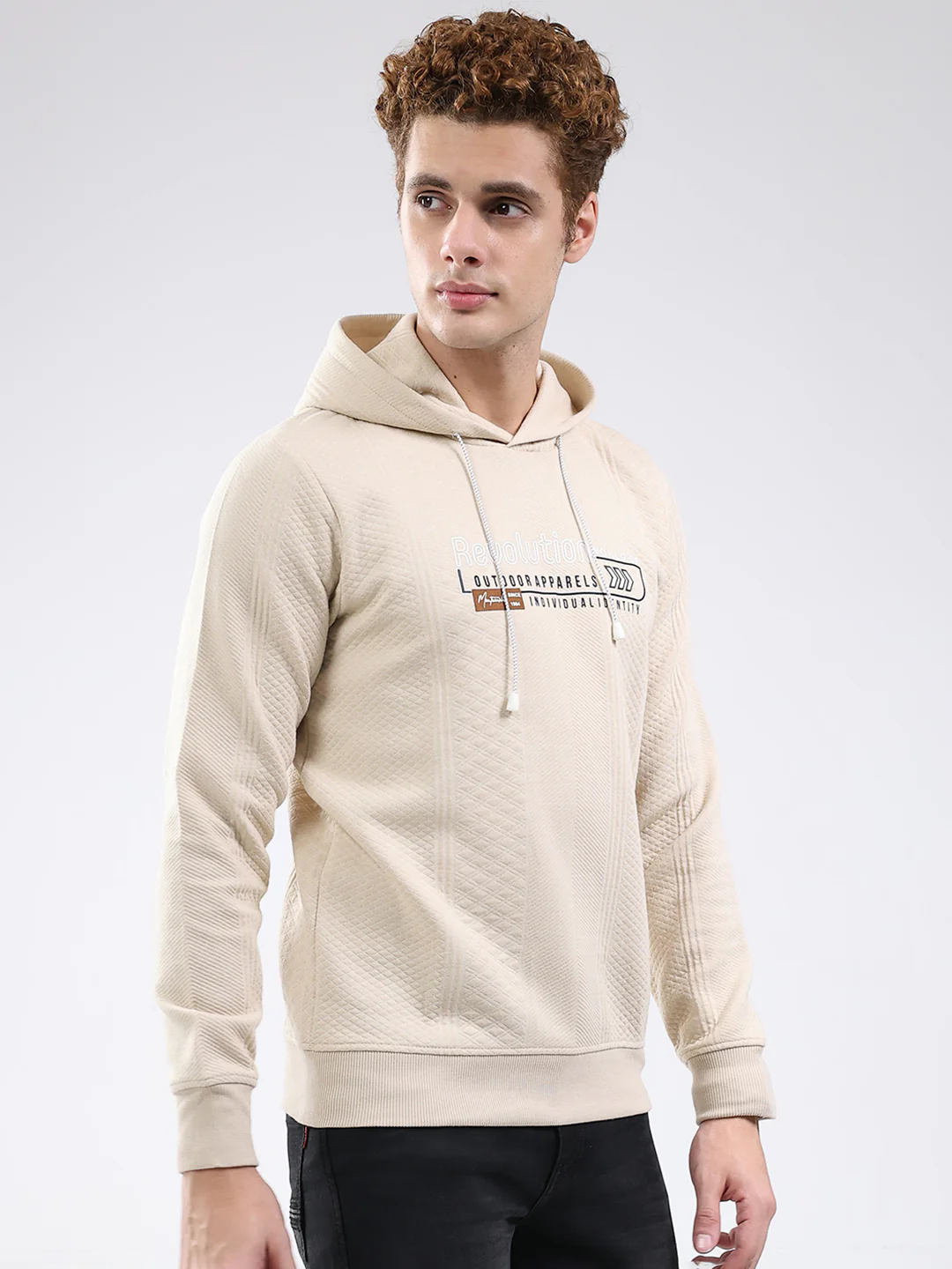 Men Beige Printed Hooded Full Sleeve Sweatshirt - Image 4