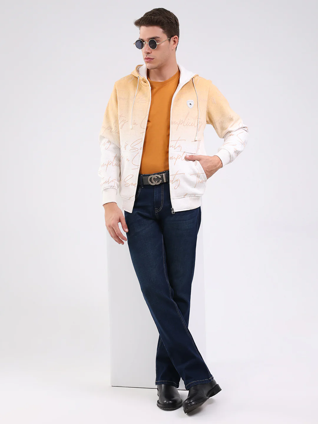 Men Beige Printed Hooded Full Sleeve Sweatshirt - Image 2