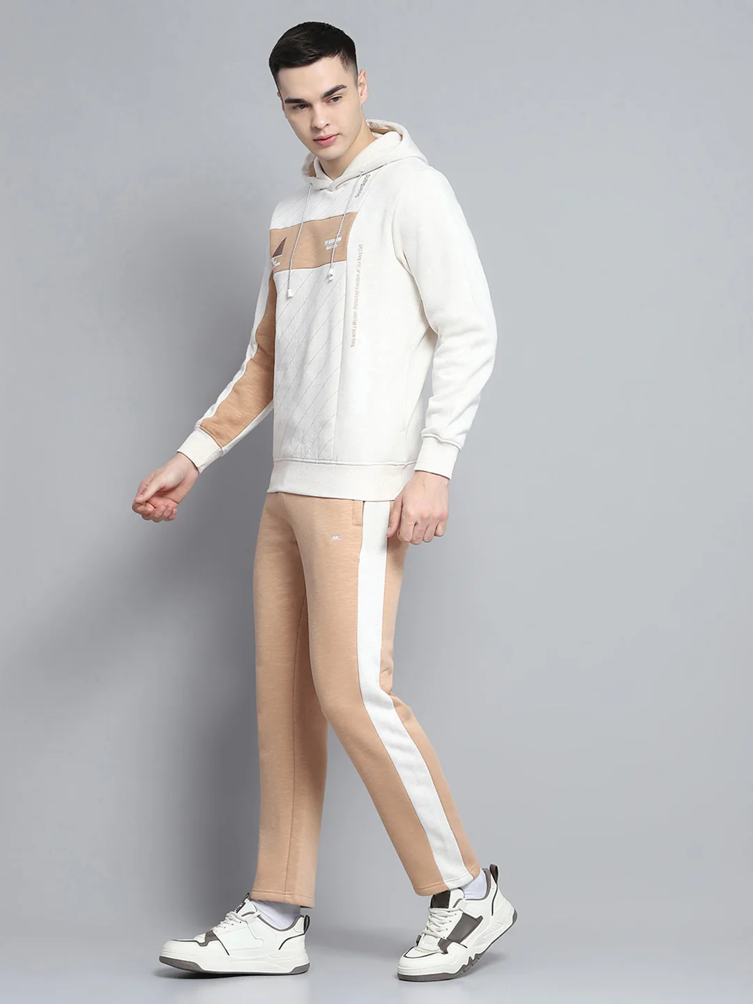 Men Beige Printed Hooded Full Sleeve Winter Tracksuit - Image 3