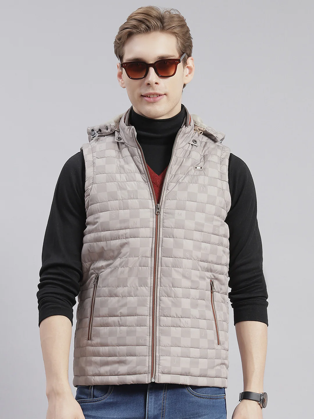 Men Beige Printed Hooded Sleeveless Jackets - Image 4