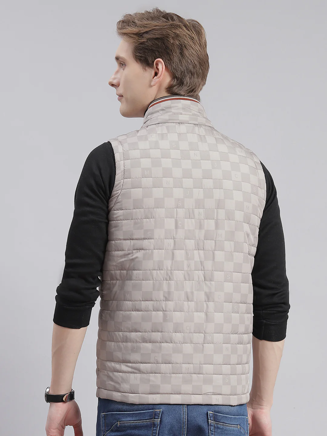 Men Beige Printed Hooded Sleeveless Jackets - Image 7