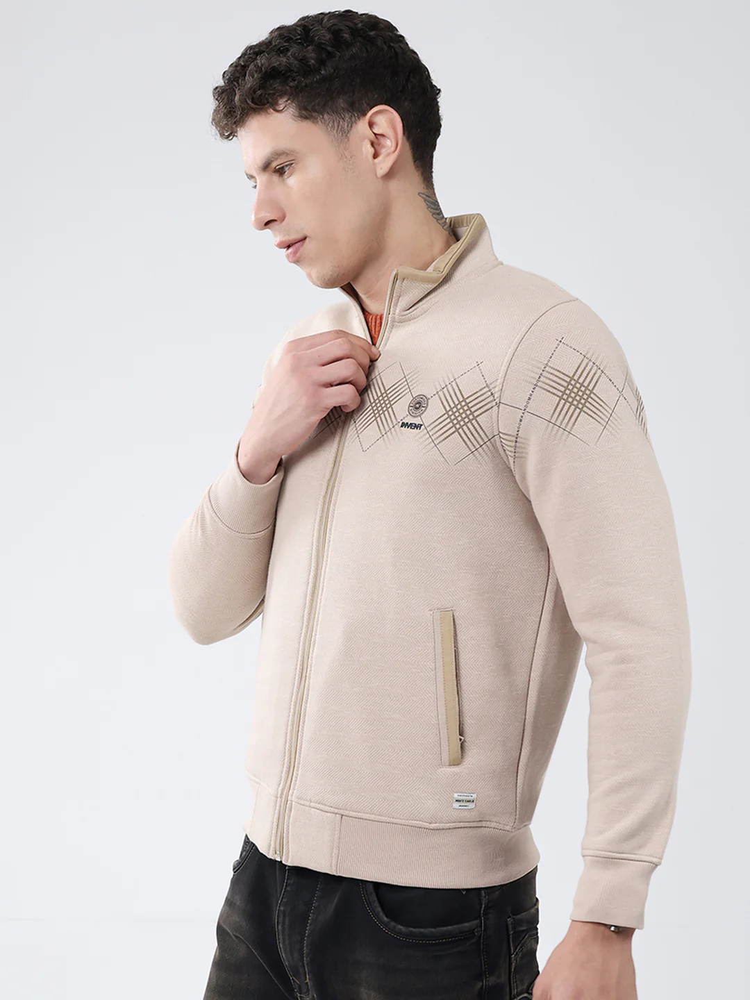 Men Beige Printed Mock Neck Full Sleeve Sweatshirt - Image 3