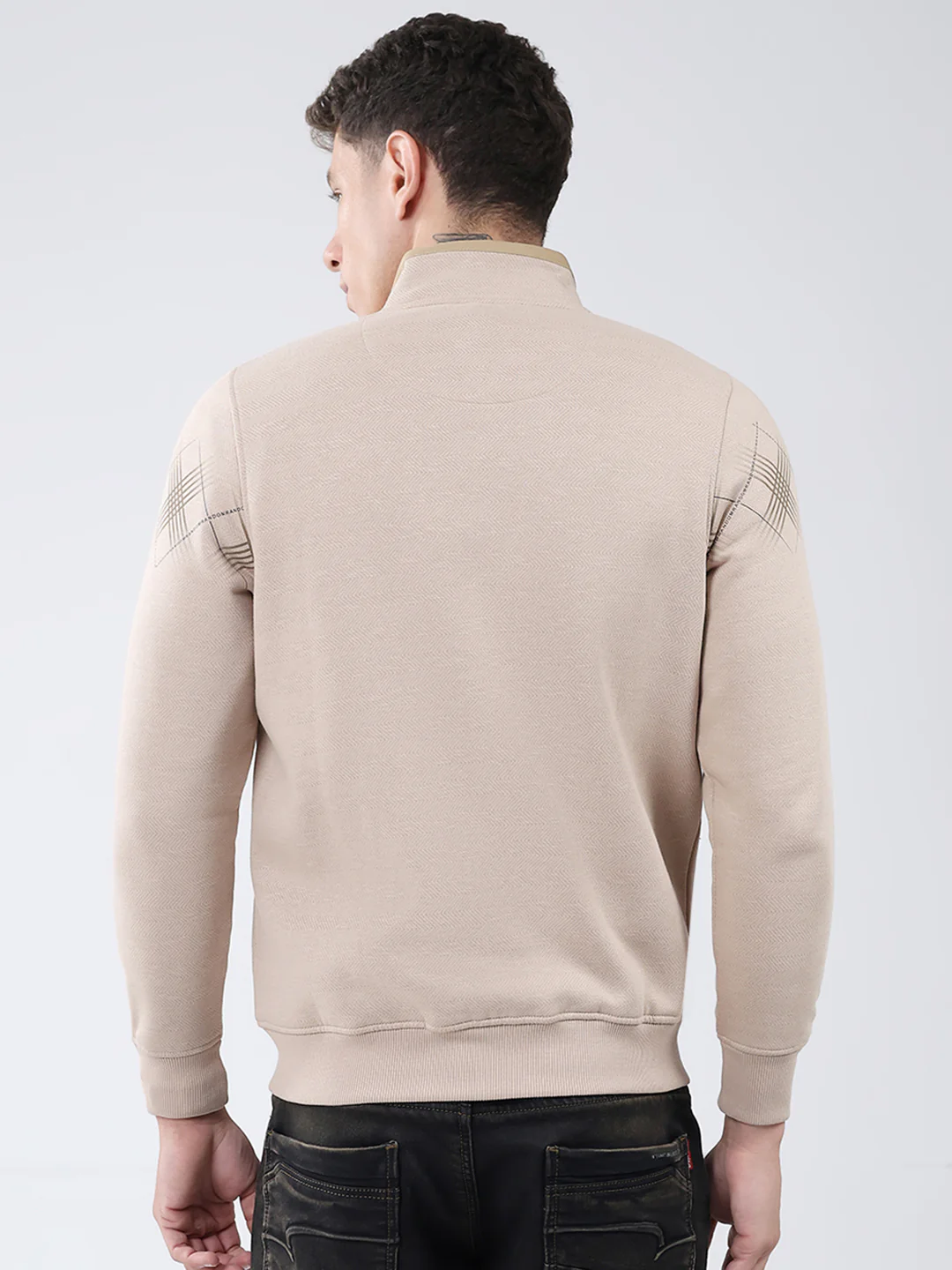 Men Beige Printed Mock Neck Full Sleeve Sweatshirt - Image 5