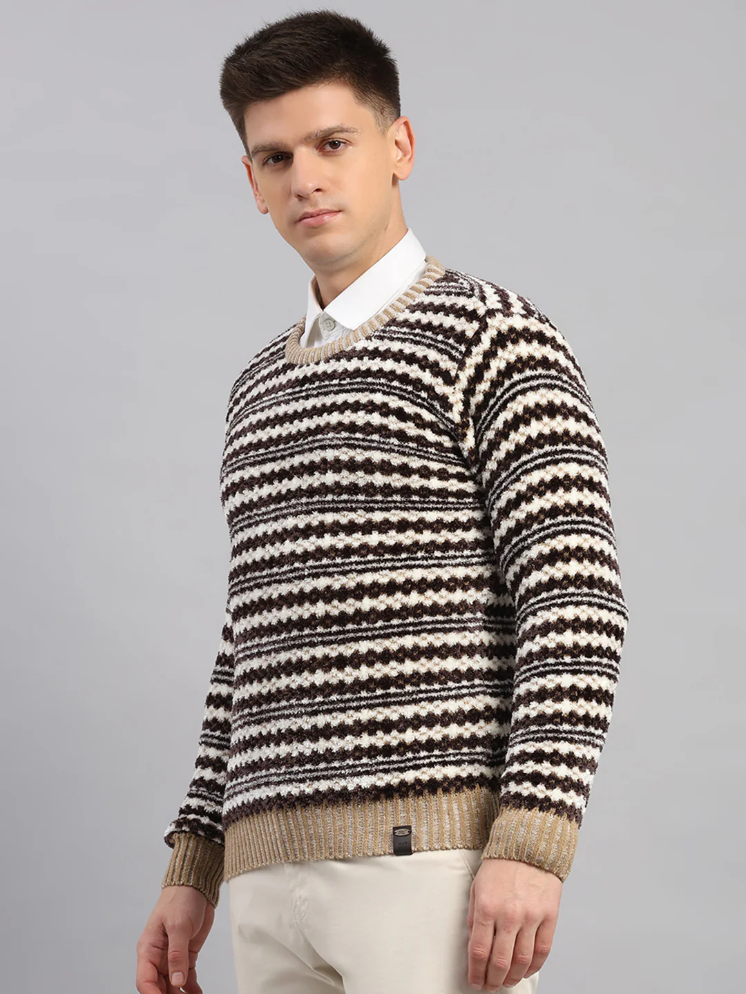 Men Beige Printed Round Neck Full Sleeve Pullover - Image 3