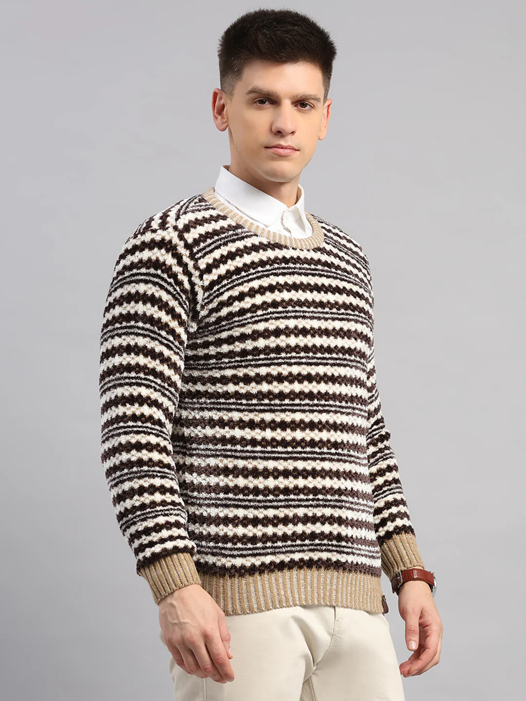 Men Beige Printed Round Neck Full Sleeve Pullover - Image 4