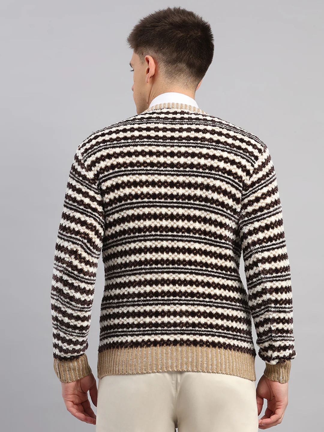 Men Beige Printed Round Neck Full Sleeve Pullover - Image 5