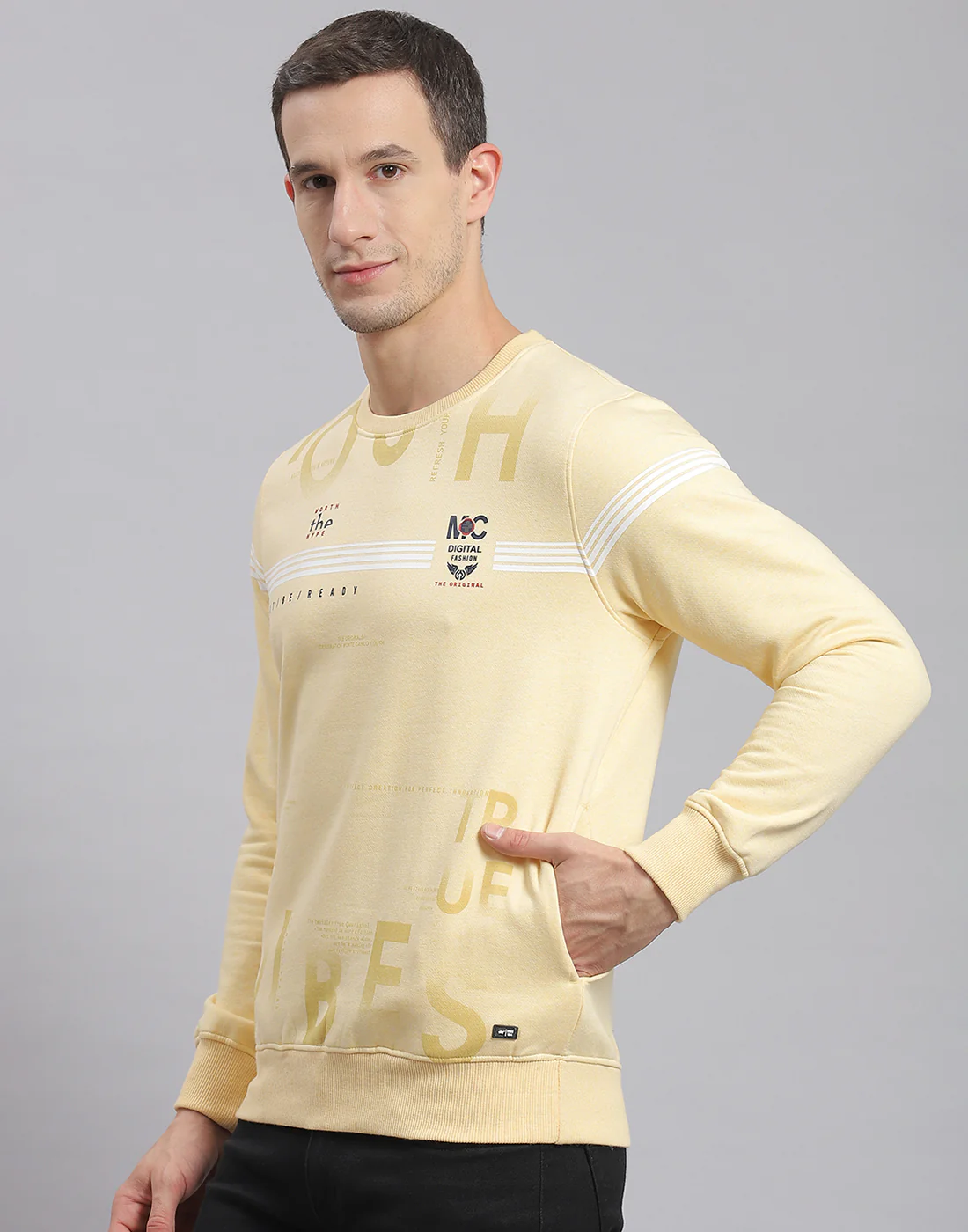 Men Beige Printed Round Neck Full Sleeve Sweatshirt - Image 3