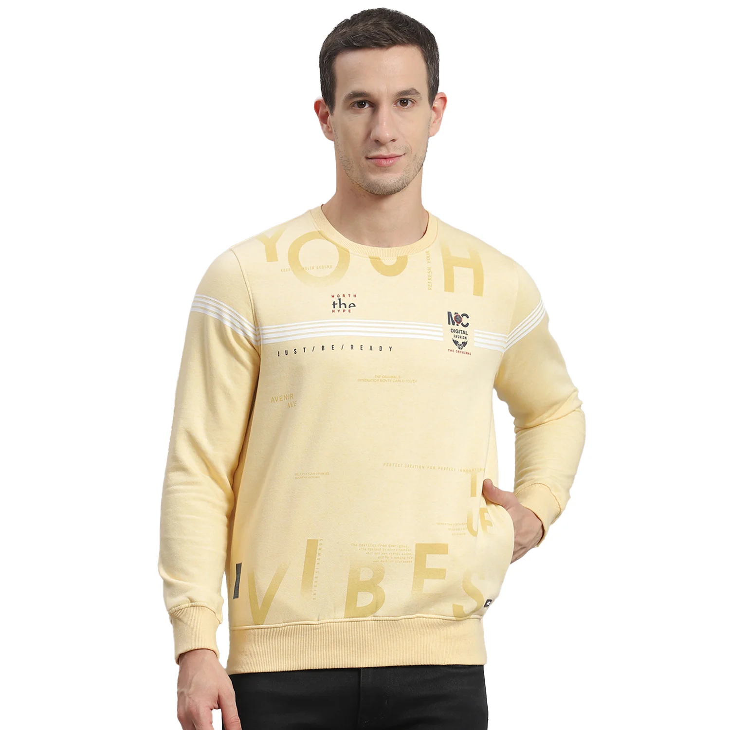 Men Beige Printed Round Neck Full Sleeve Sweatshirt - Image 5