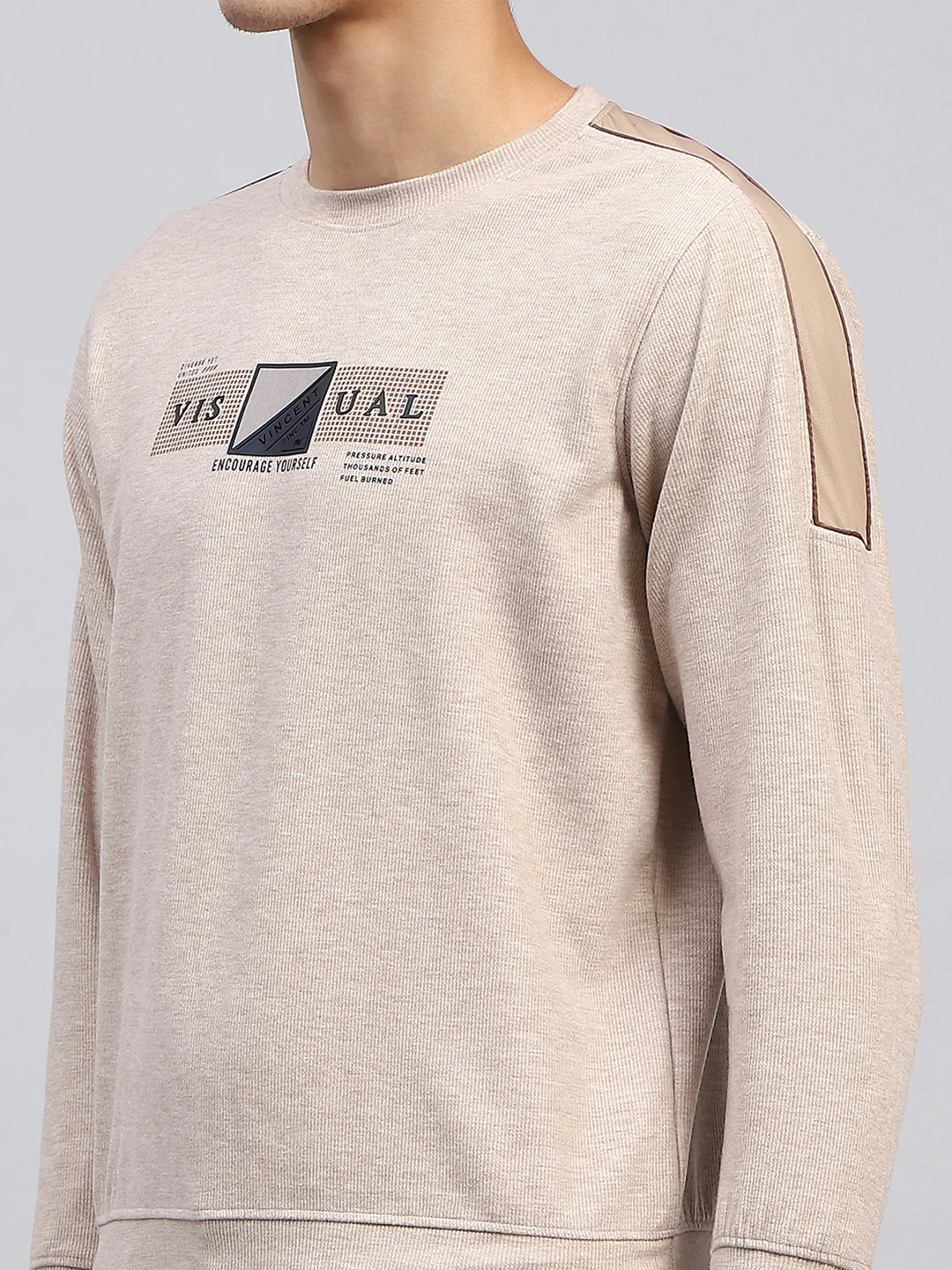Men Beige Printed Round Neck Full Sleeve Sweatshirt - Image 6