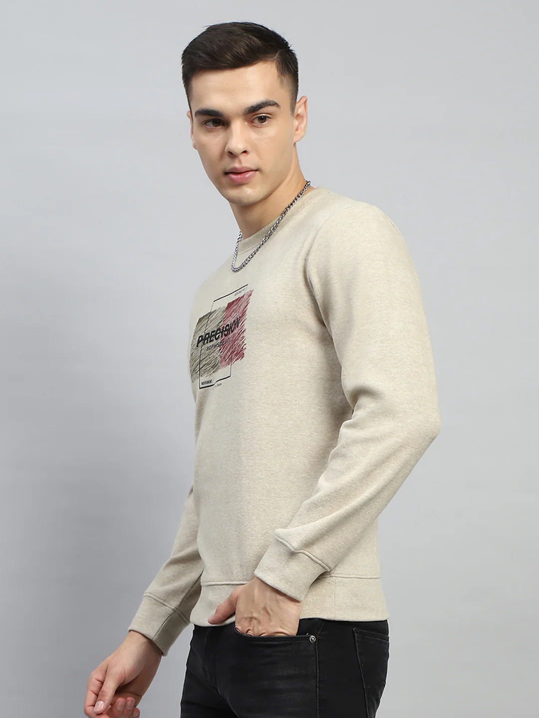 Men Beige Printed Round Neck Full Sleeve Sweatshirt - Image 3