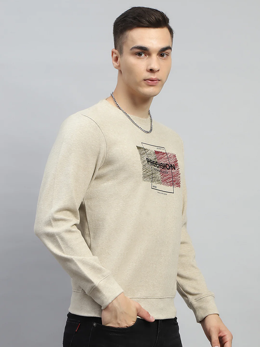 Men Beige Printed Round Neck Full Sleeve Sweatshirt - Image 4