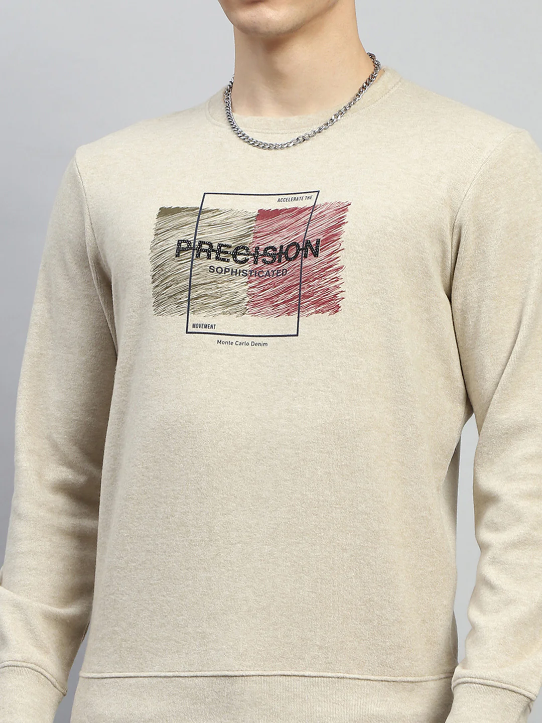 Men Beige Printed Round Neck Full Sleeve Sweatshirt - Image 6