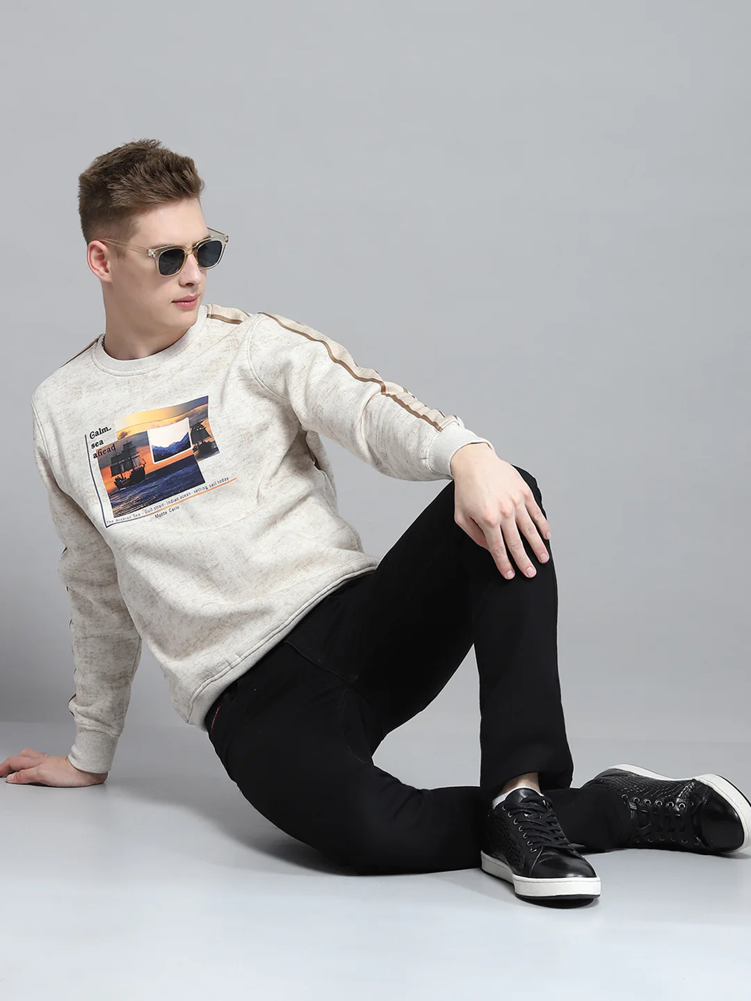 Men Beige Printed Round Neck Full Sleeve Sweatshirt - Image 2