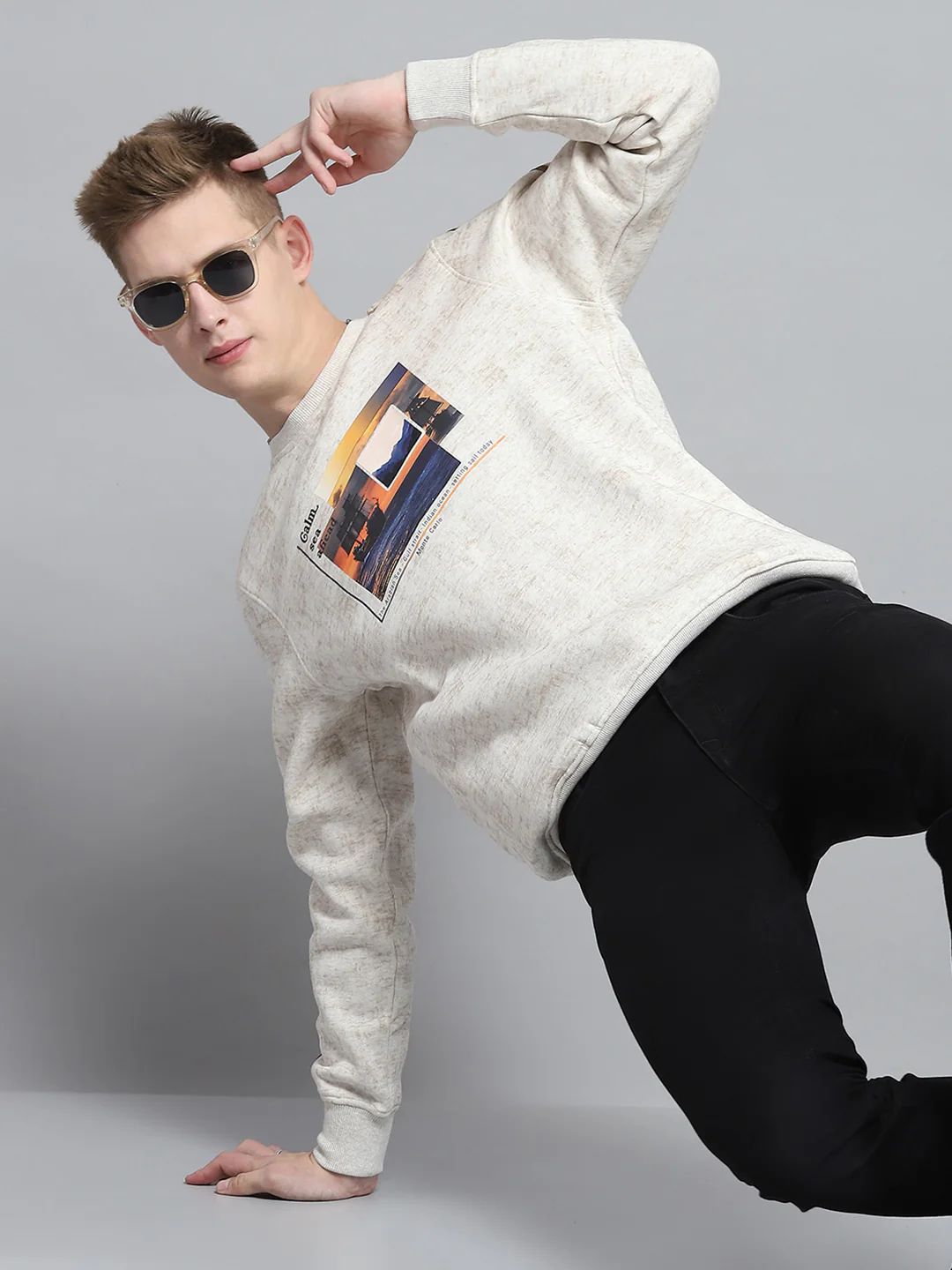 Men Beige Printed Round Neck Full Sleeve Sweatshirt - Image 6