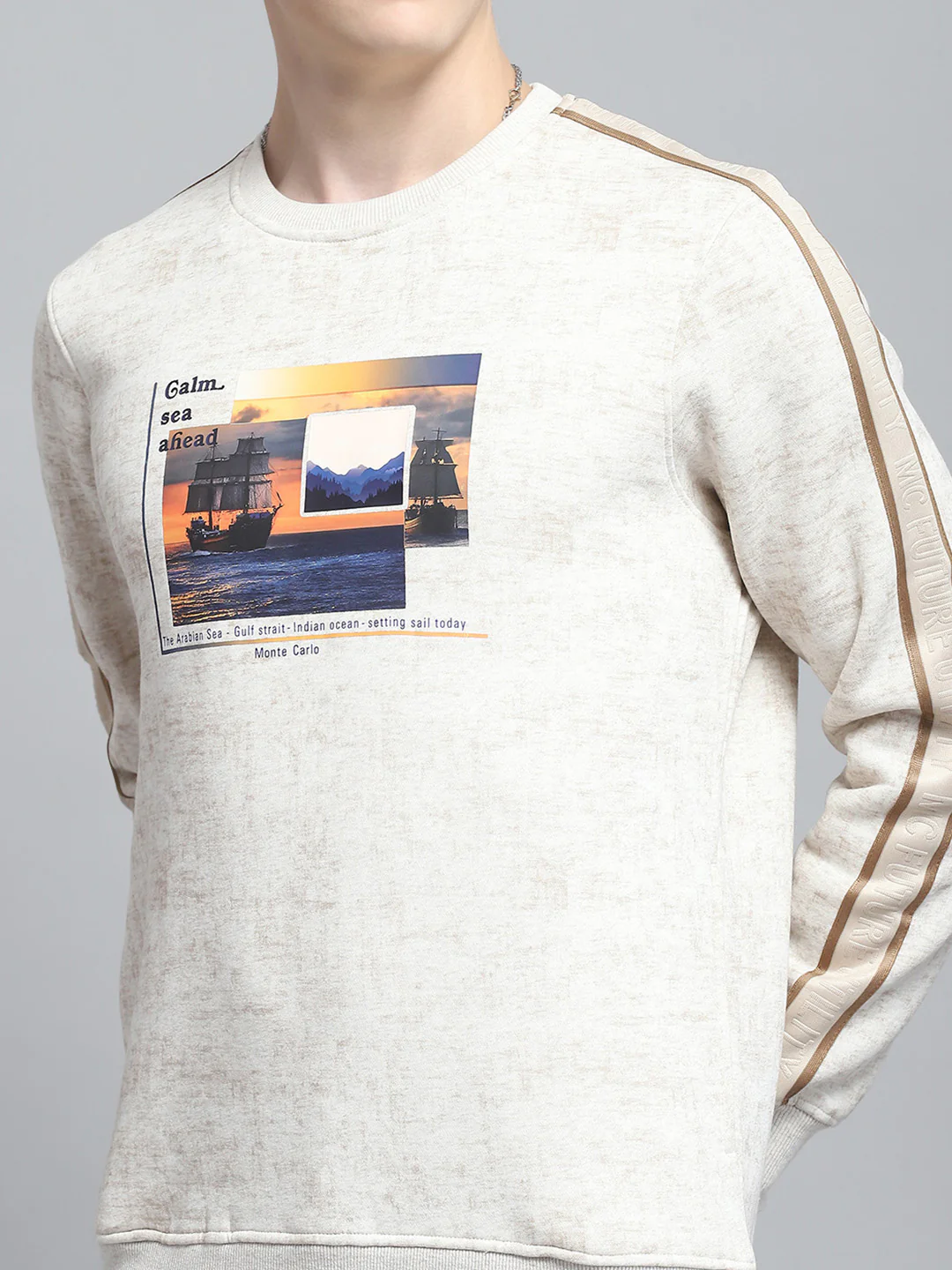 Men Beige Printed Round Neck Full Sleeve Sweatshirt - Image 7