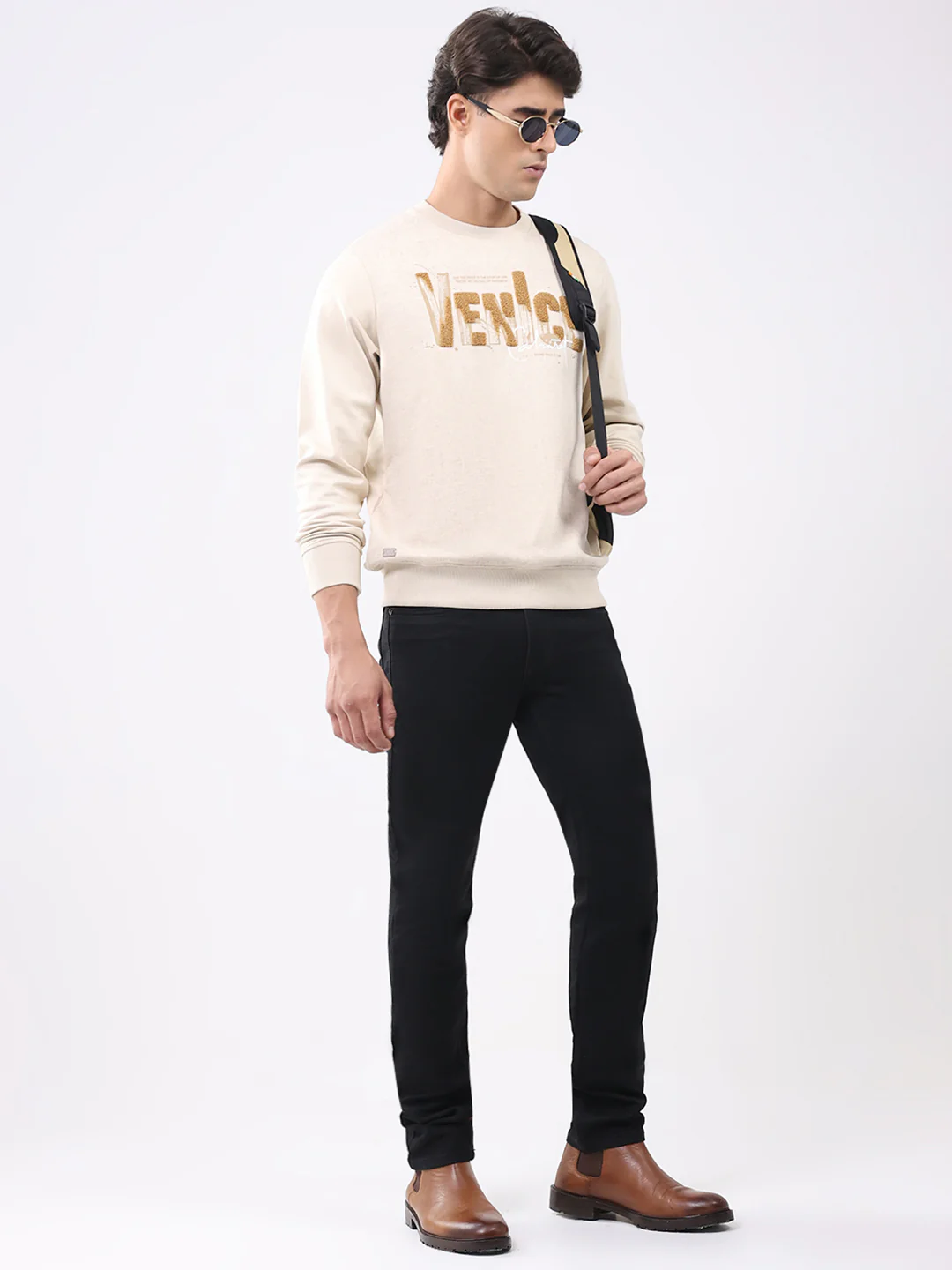 Men Beige Printed Round Neck Full Sleeve Sweatshirt - Image 2