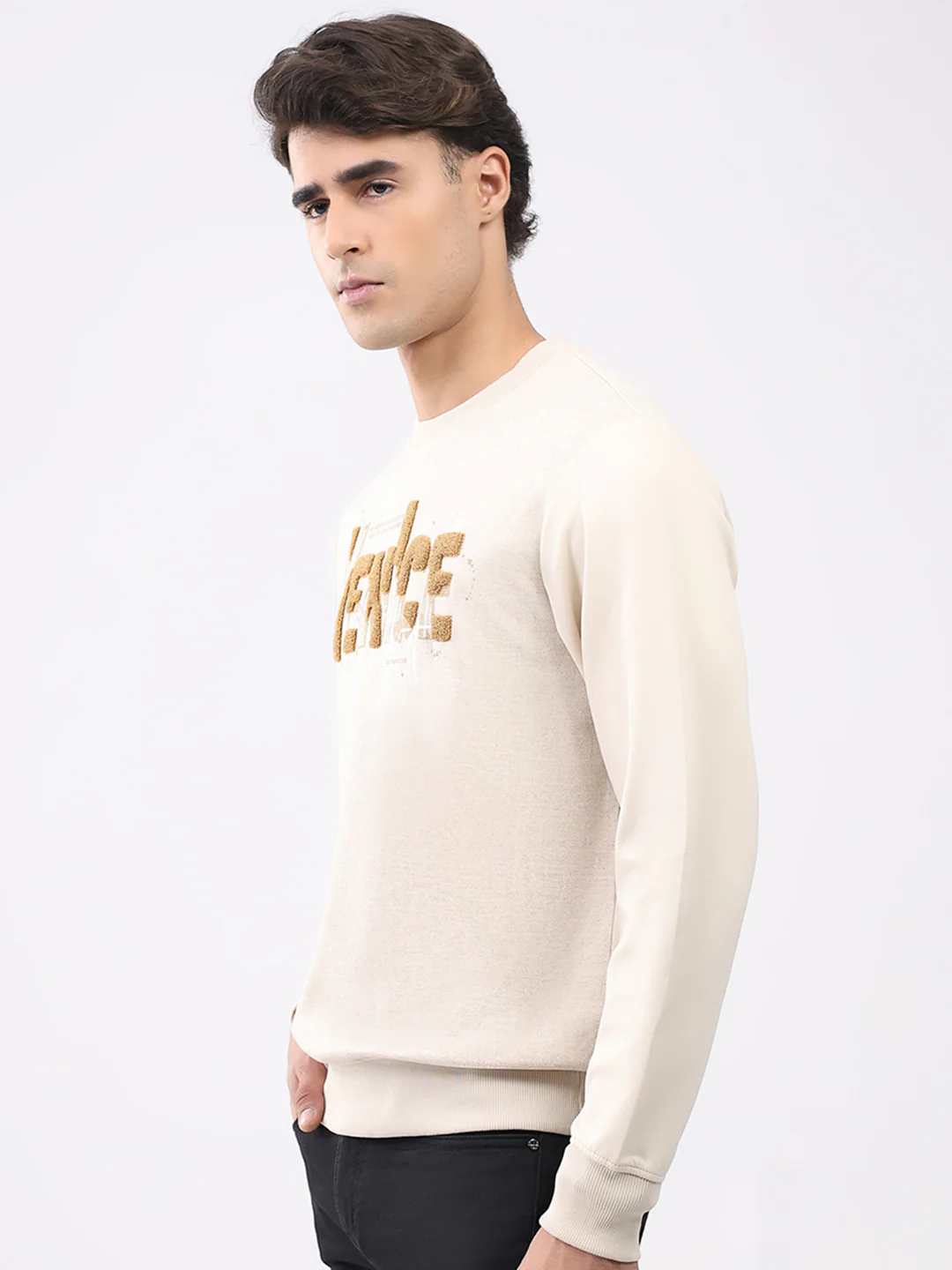Men Beige Printed Round Neck Full Sleeve Sweatshirt - Image 3