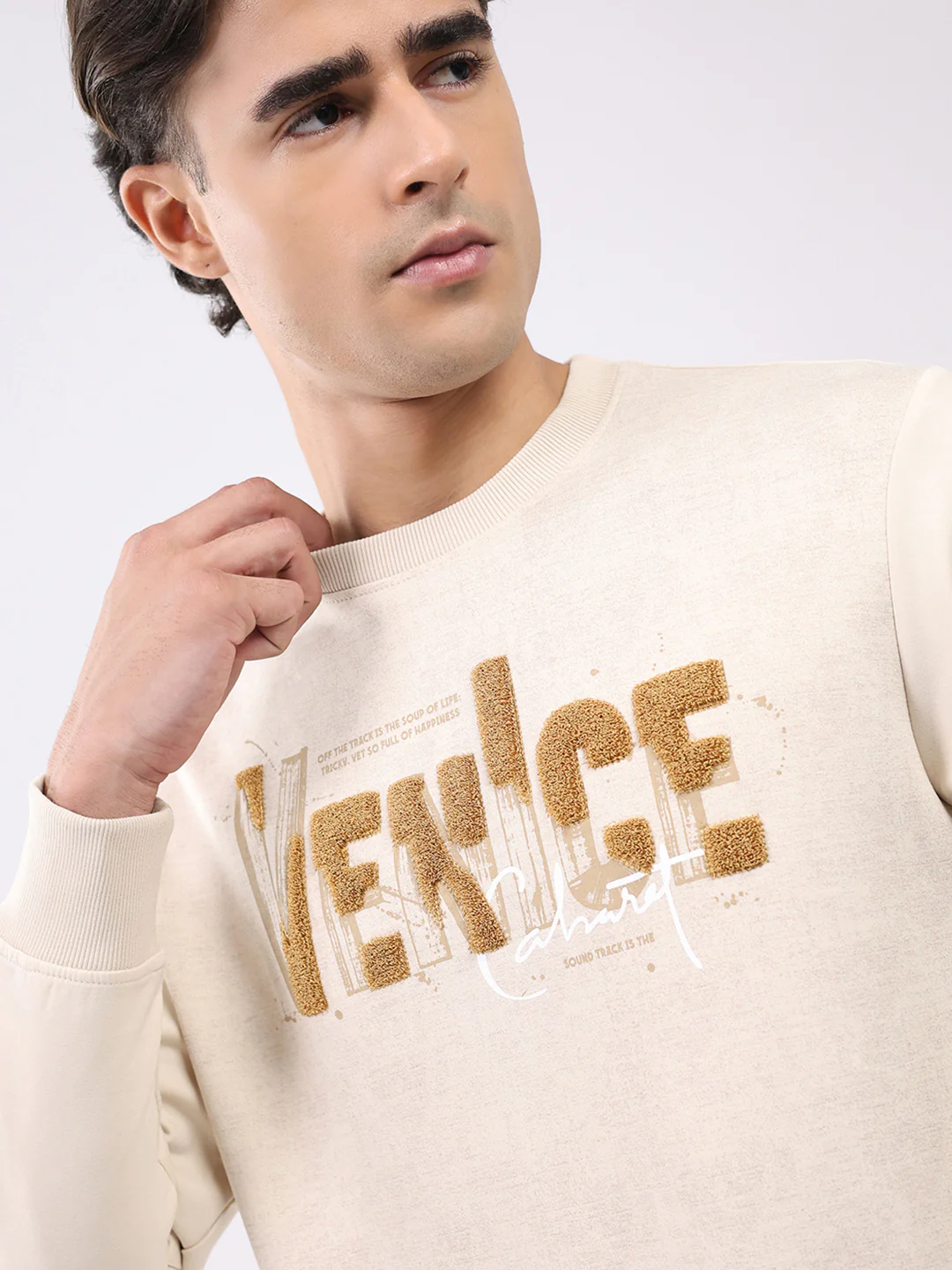 Men Beige Printed Round Neck Full Sleeve Sweatshirt - Image 6