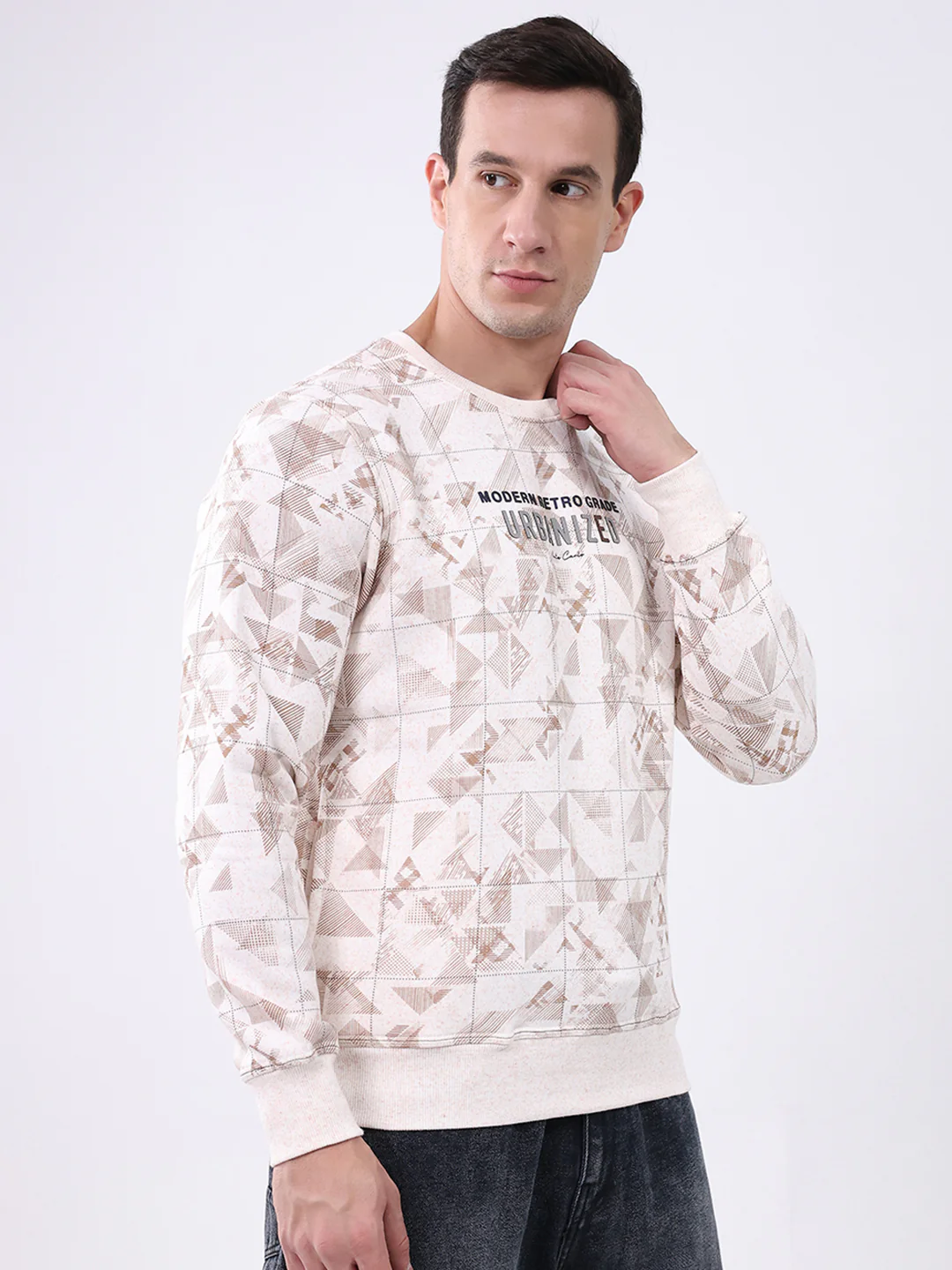 Men Beige Printed Round Neck Full Sleeve Sweatshirt - Image 4