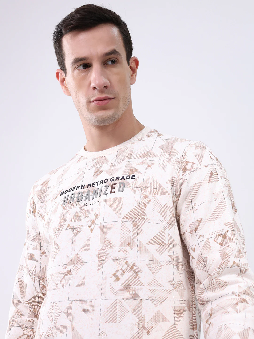 Men Beige Printed Round Neck Full Sleeve Sweatshirt - Image 6