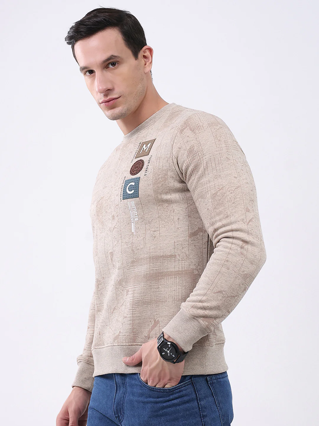 Men Beige Printed Round Neck Full Sleeve Sweatshirt - Image 3