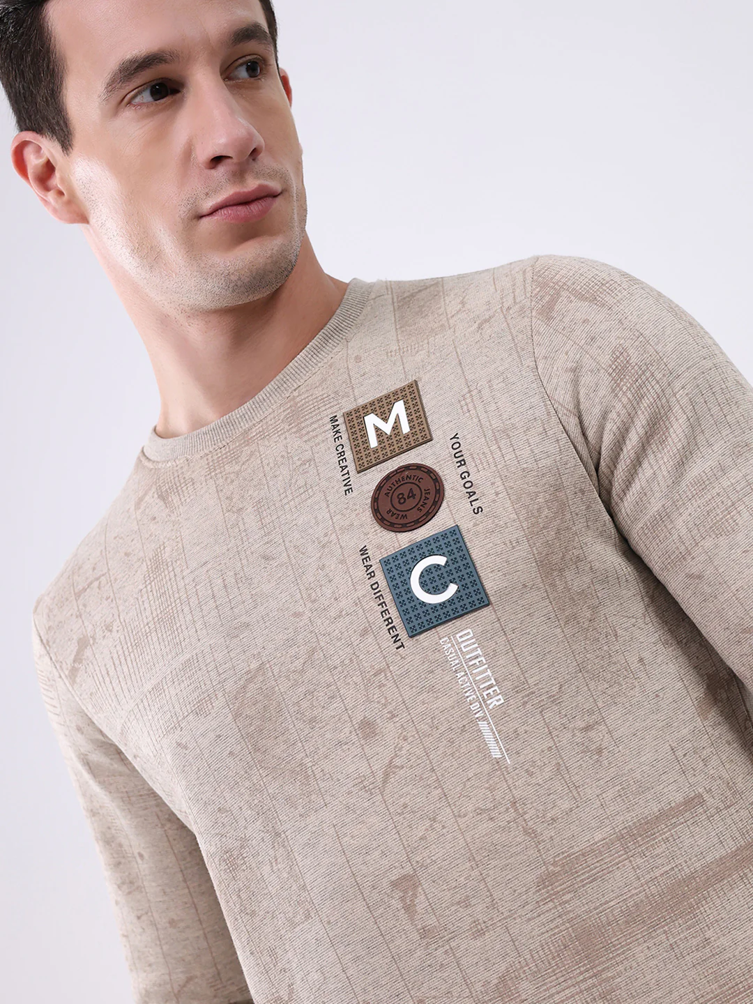 Men Beige Printed Round Neck Full Sleeve Sweatshirt - Image 7