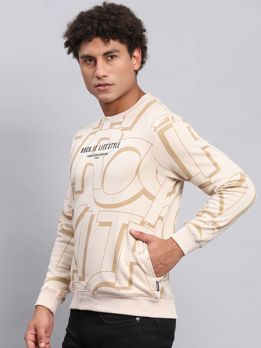 Rock.it Men Beige Printed Round Neck Full Sleeve Sweatshirt - Image 3