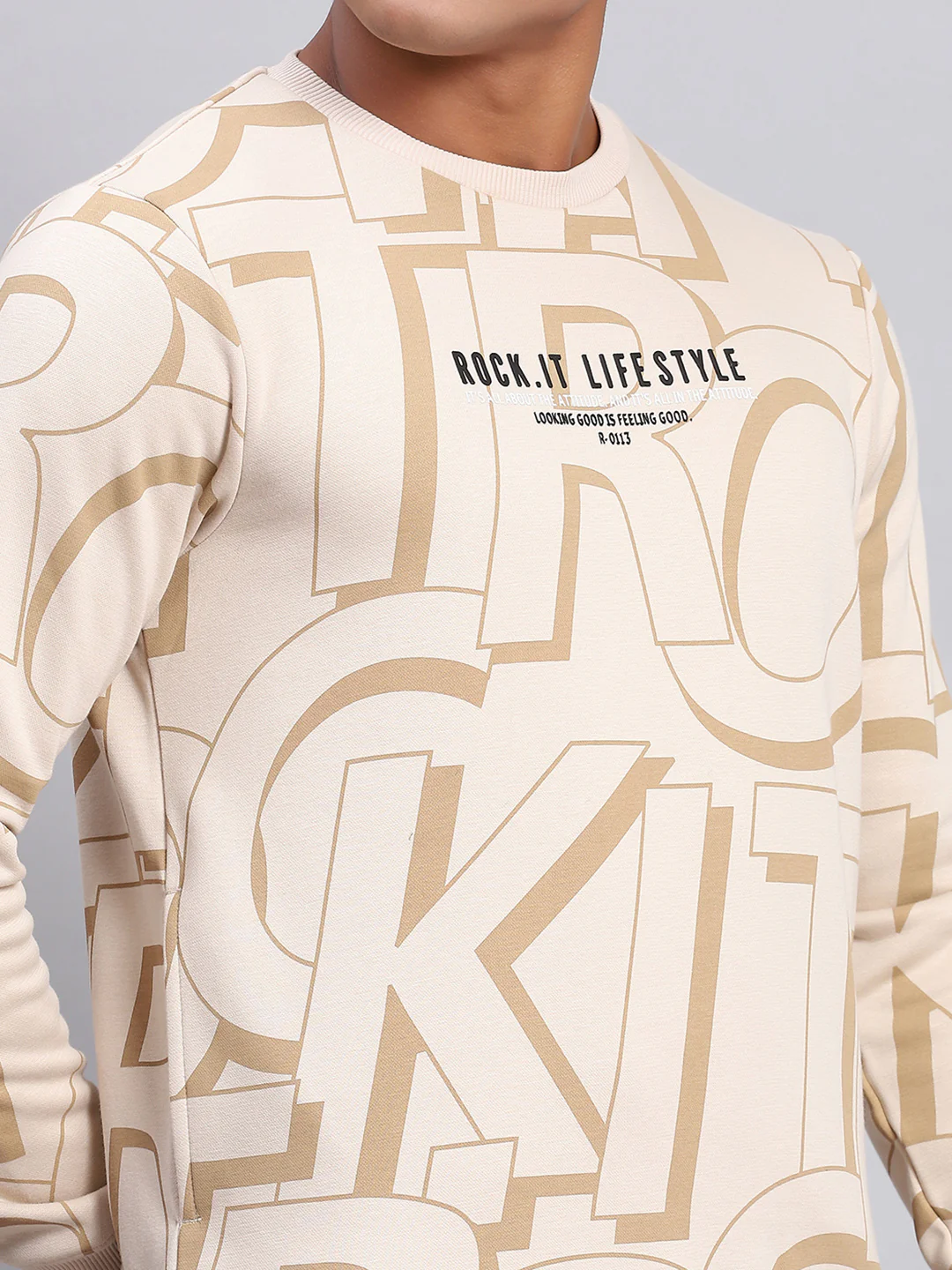 Rock.it Men Beige Printed Round Neck Full Sleeve Sweatshirt - Image 6