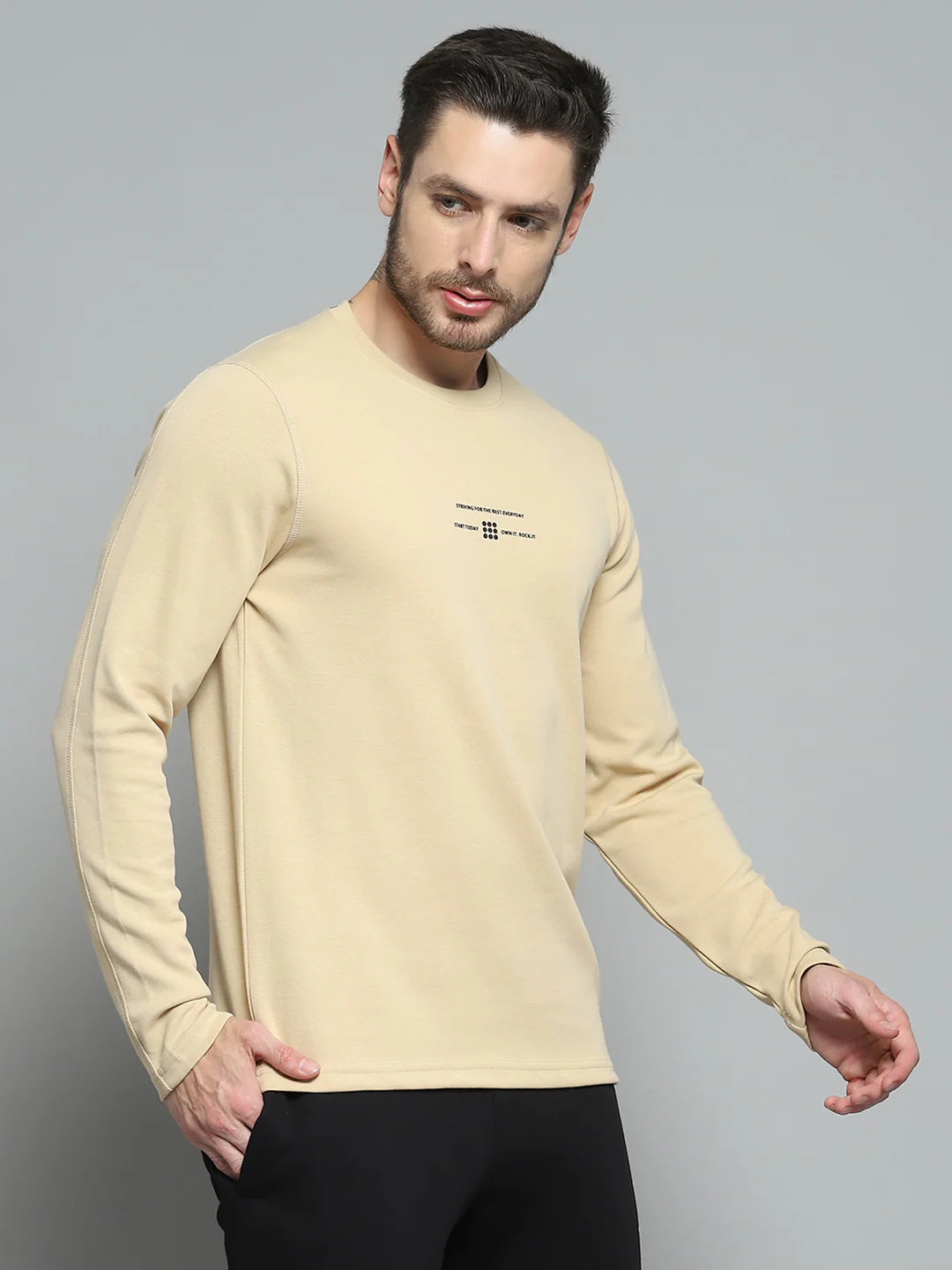 Rock.it Men Beige Printed Round Neck Full Sleeve Winter T-Shirt - Image 4
