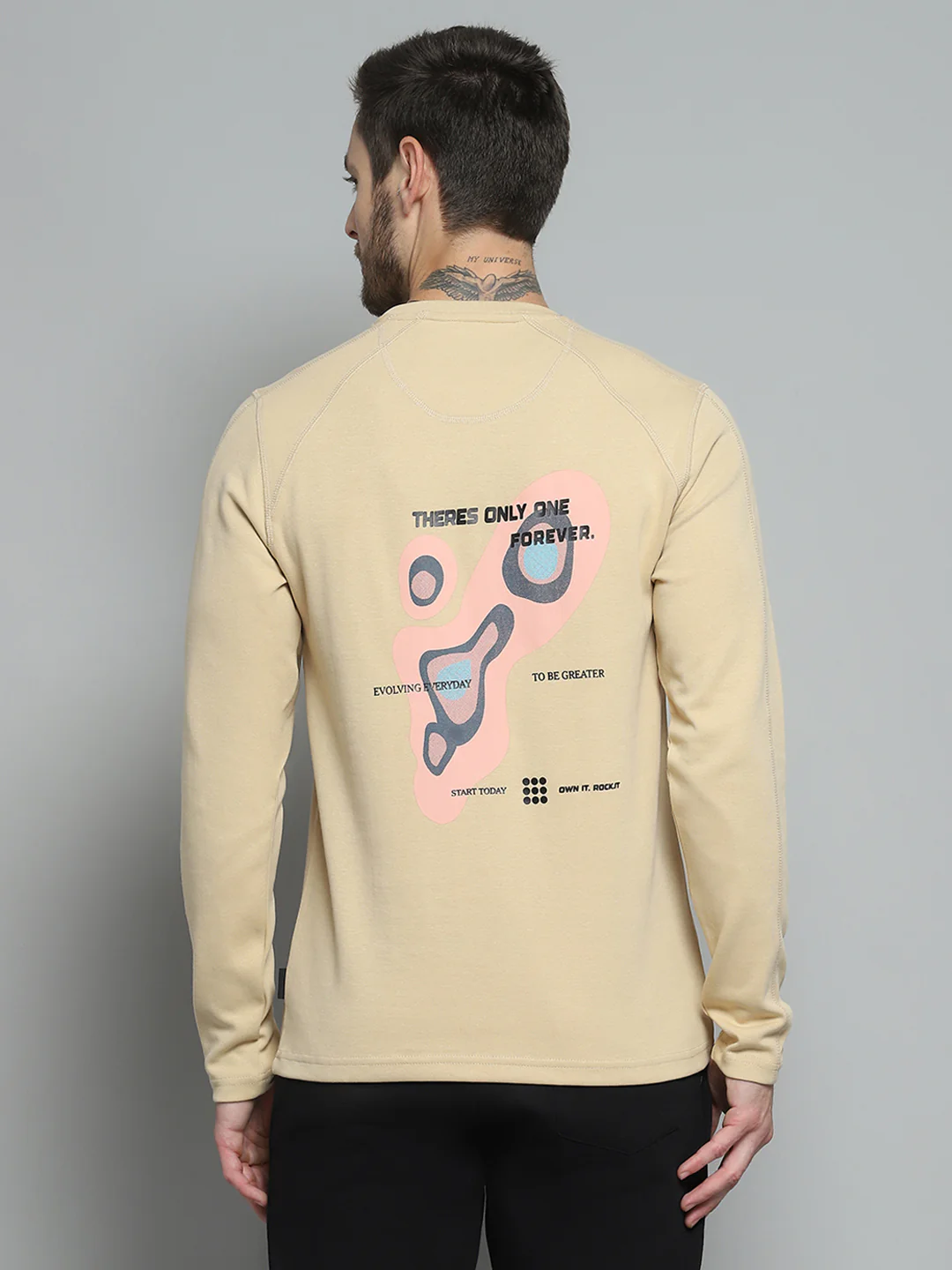 Rock.it Men Beige Printed Round Neck Full Sleeve Winter T-Shirt - Image 5