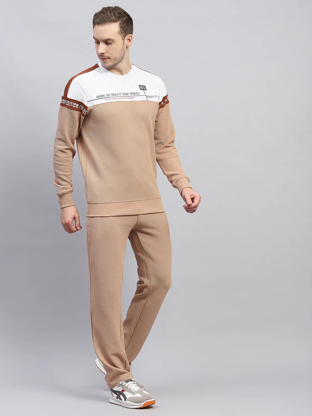 Men Beige Printed Round Neck Full Sleeve Winter Tracksuit - Image 4