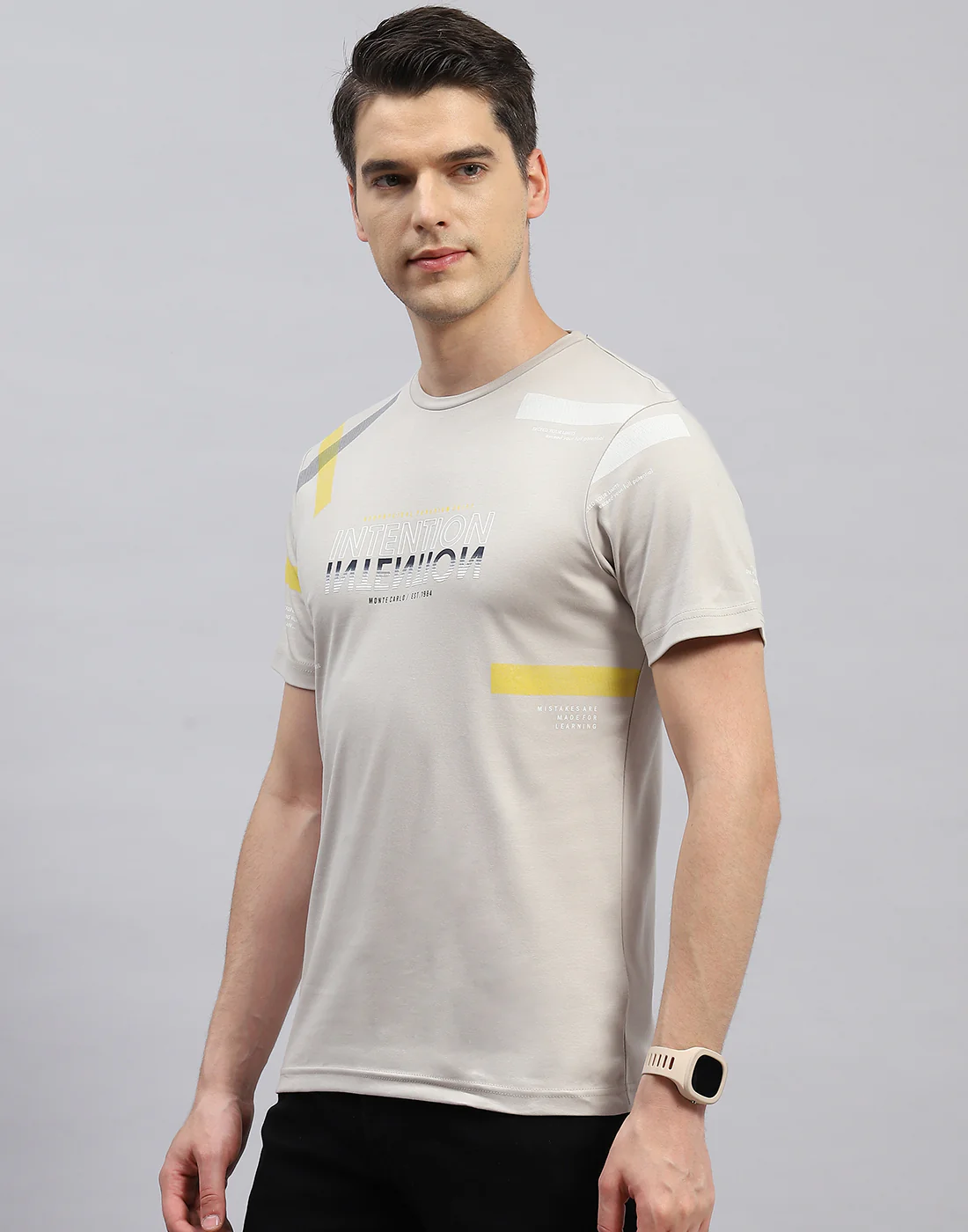 Men Beige Printed Round Neck Half Sleeve T-Shirt - Image 3