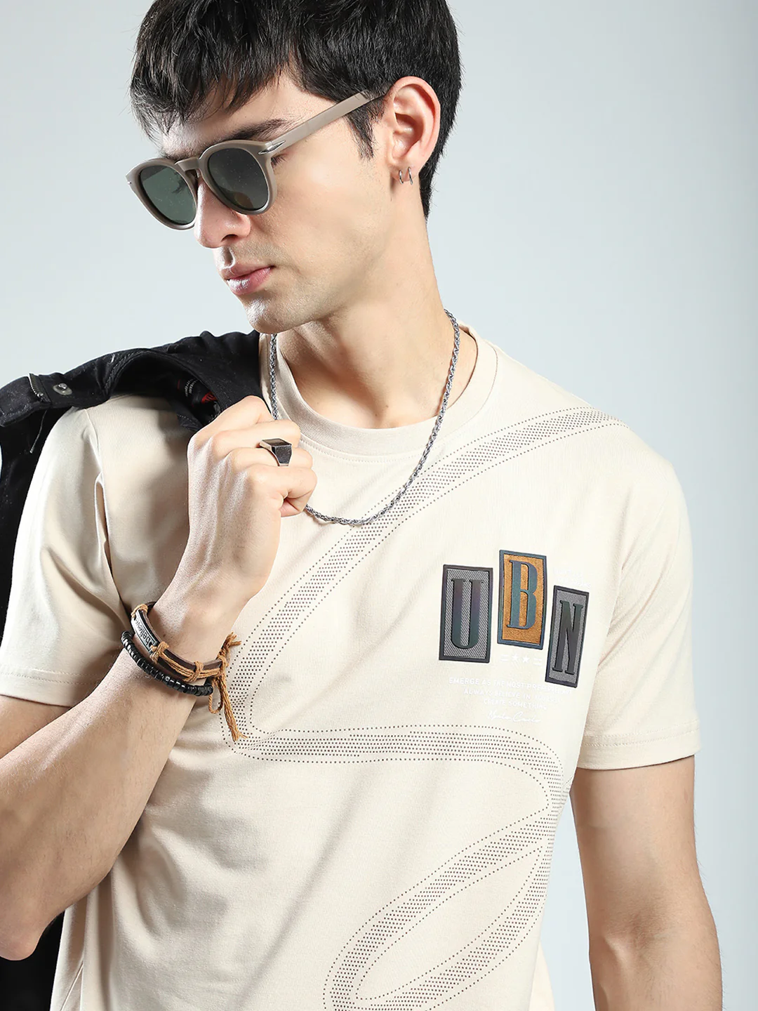 Men Beige Printed Round Neck Half Sleeve T-Shirt - Image 6