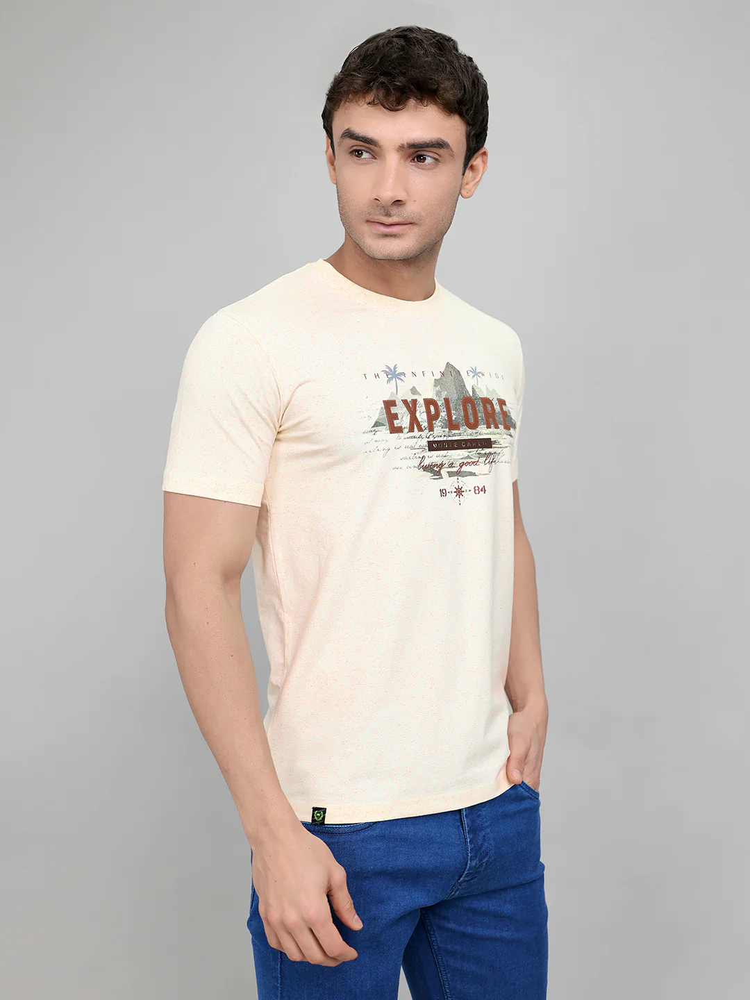 Men Beige Printed Round Neck Half Sleeve T-Shirt - Image 4