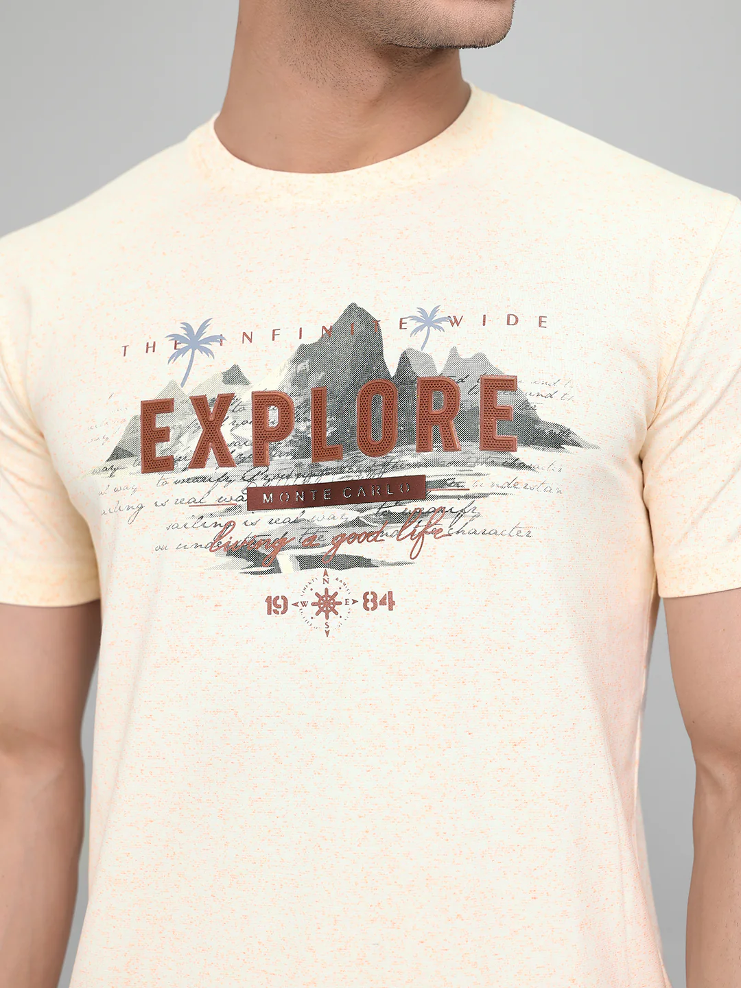 Men Beige Printed Round Neck Half Sleeve T-Shirt - Image 5