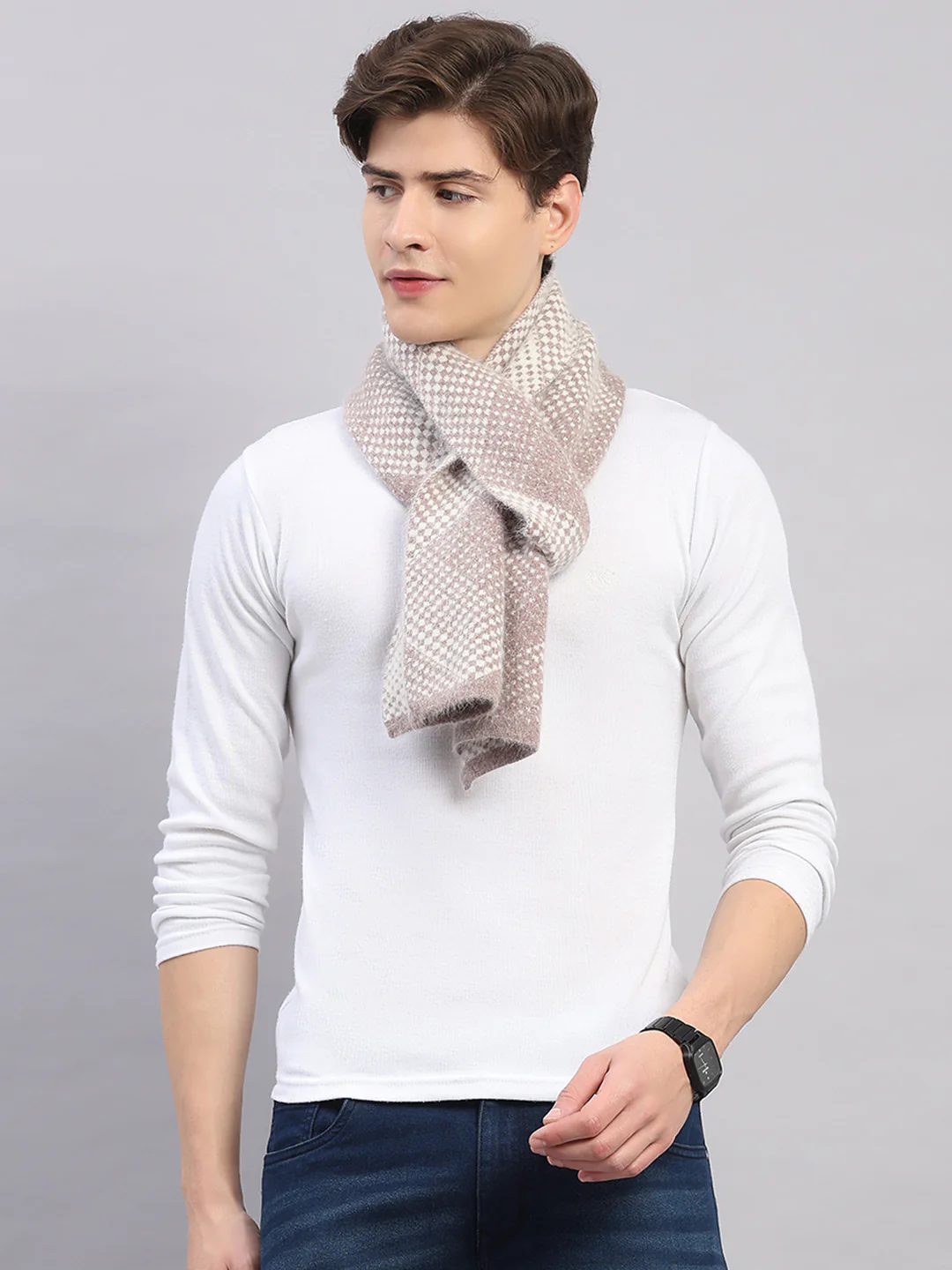 Men Beige Self Design Angoora Muffler - Image 3