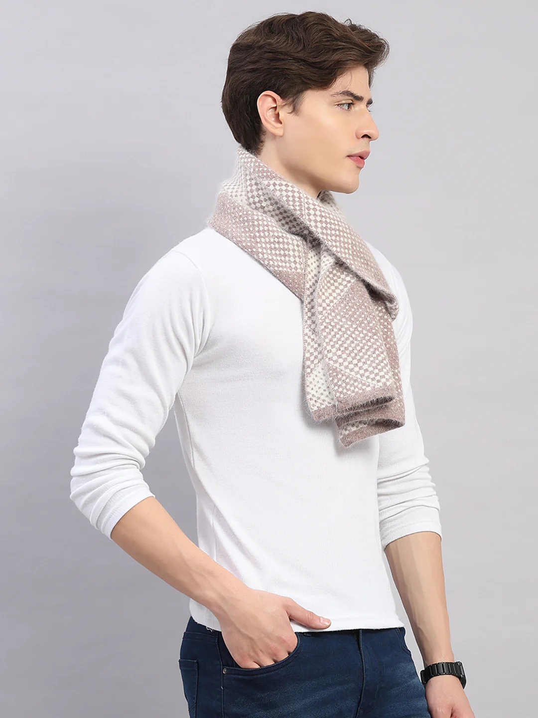 Men Beige Self Design Angoora Muffler - Image 5