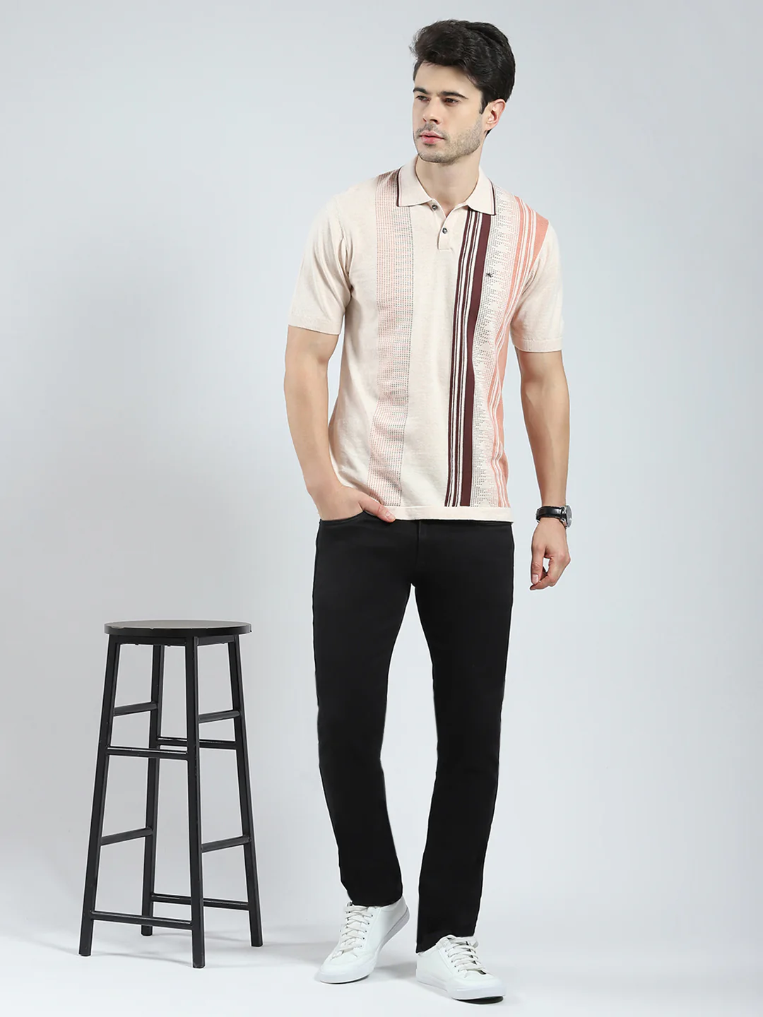 Men Beige Self Design Collar Half Sleeve T-Shirt - Image 2