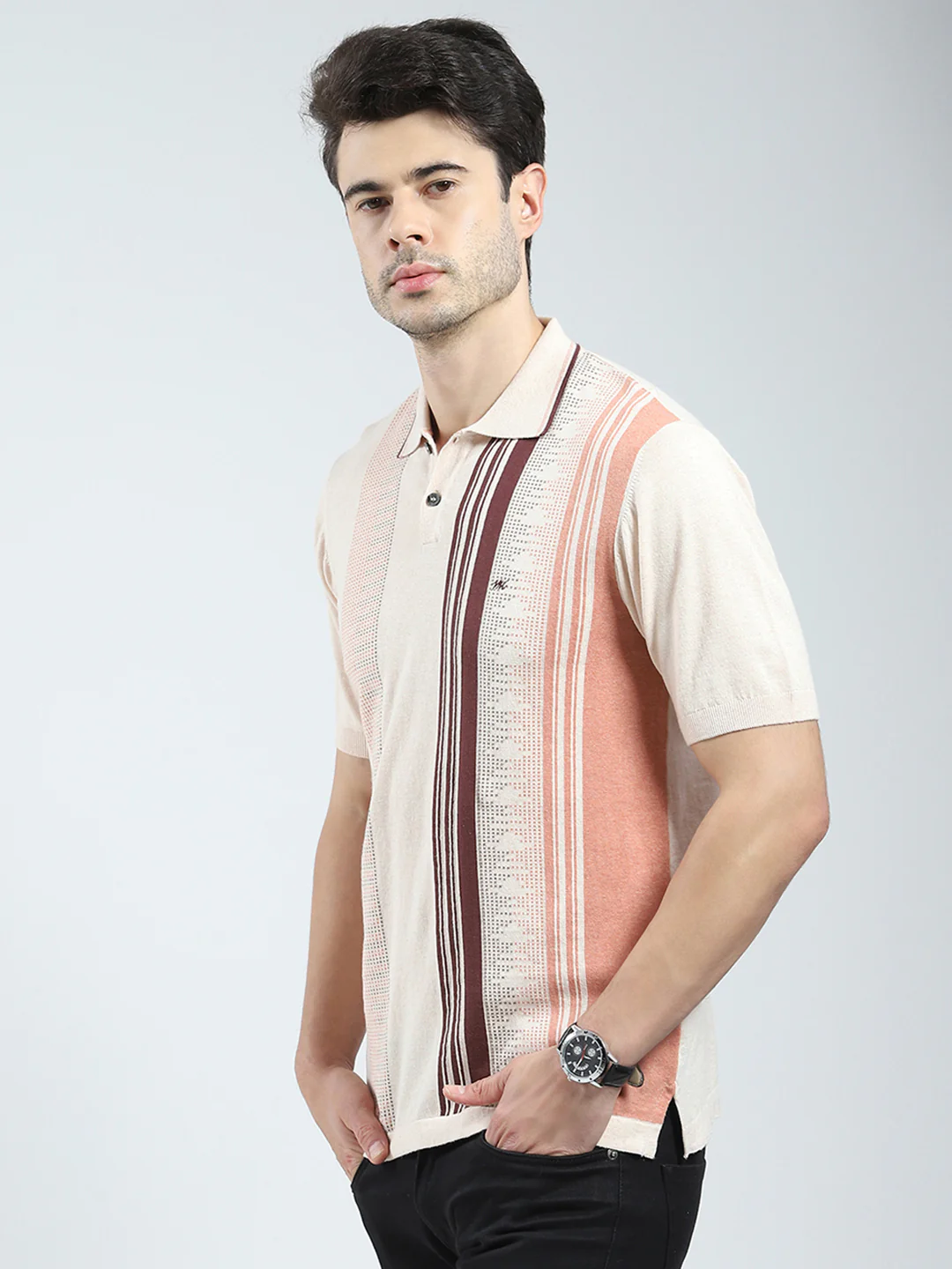 Men Beige Self Design Collar Half Sleeve T-Shirt - Image 3