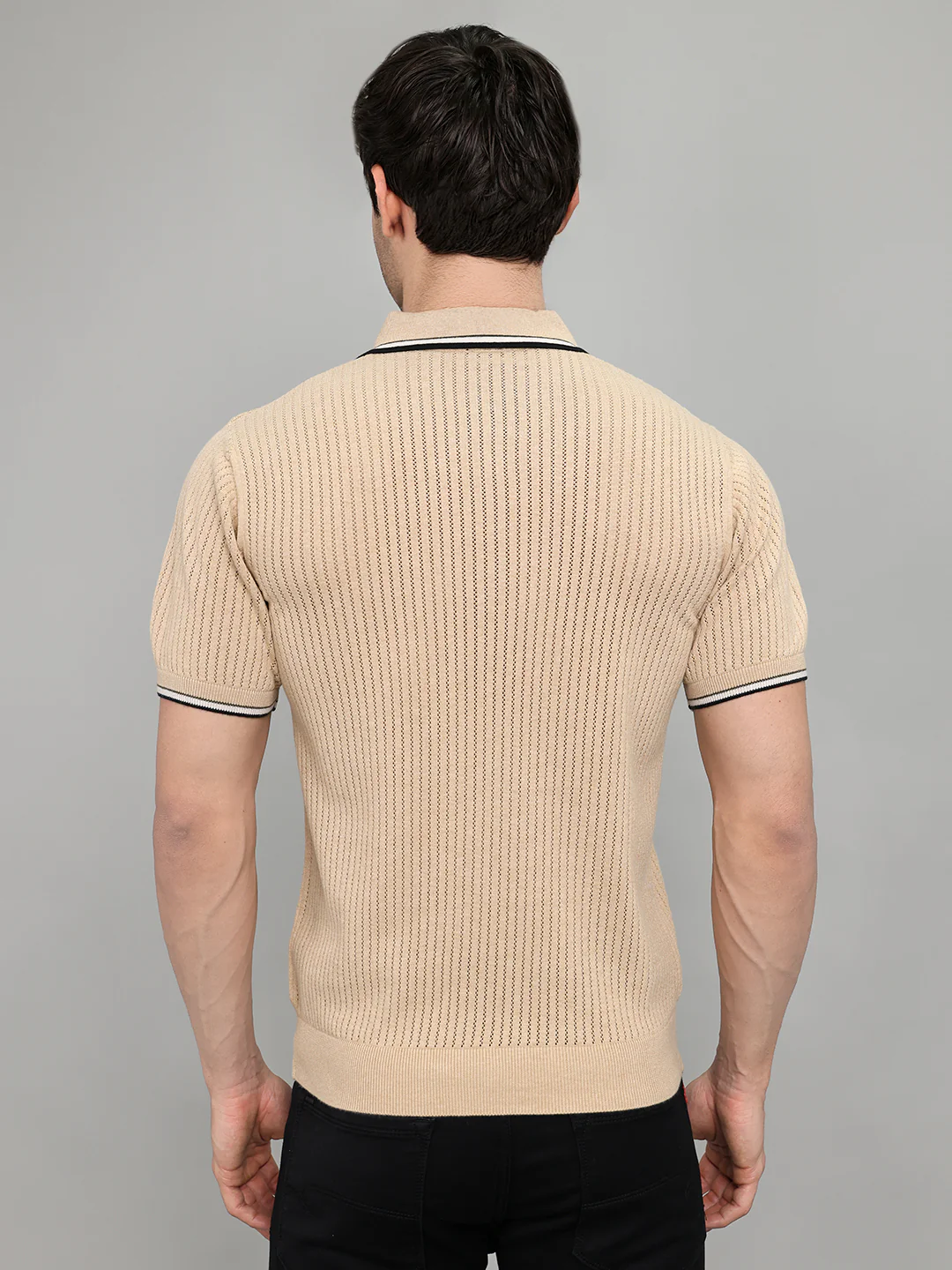 Men Beige Self Design Collar Half Sleeve T-Shirt - Image 4