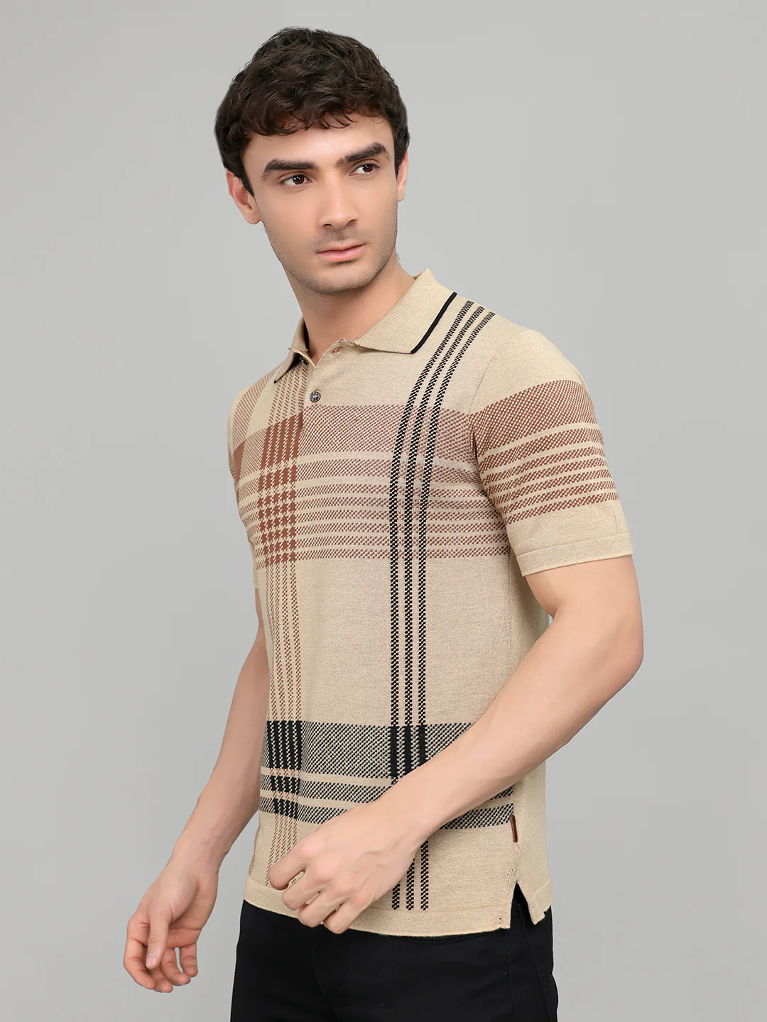 Men Beige Self Design Collar Half Sleeve T-Shirt - Image 2