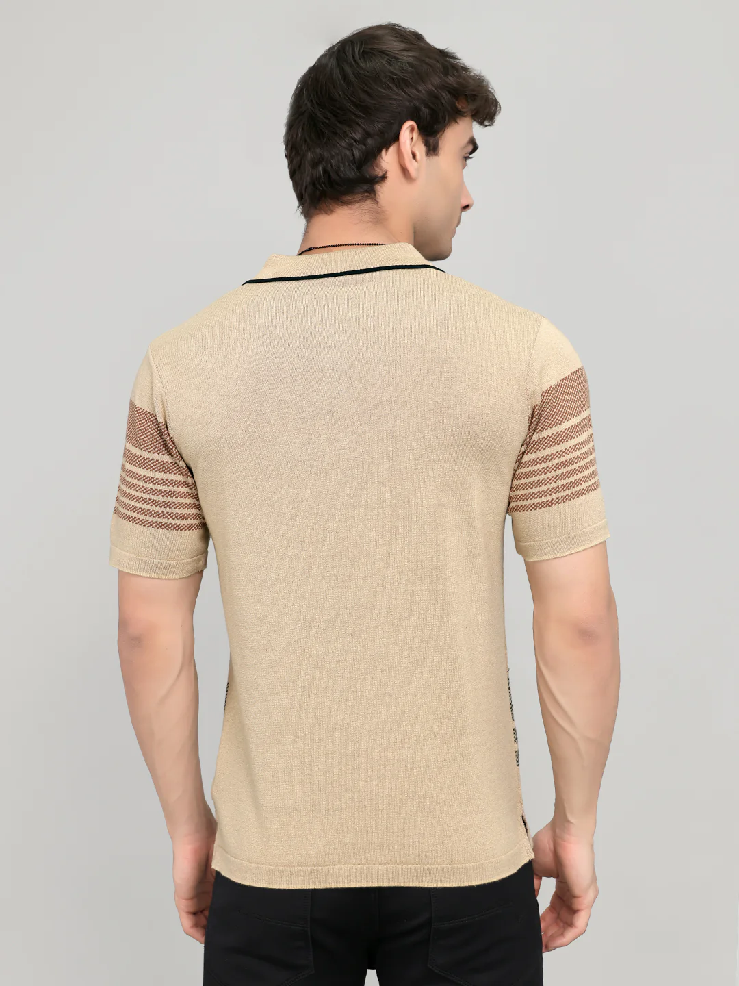 Men Beige Self Design Collar Half Sleeve T-Shirt - Image 4