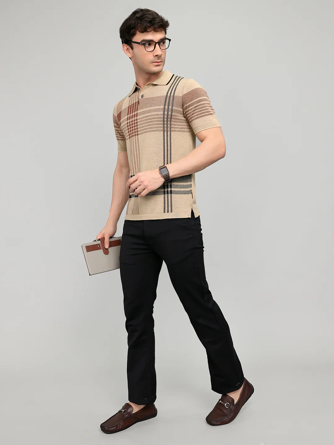 Men Beige Self Design Collar Half Sleeve T-Shirt - Image 6