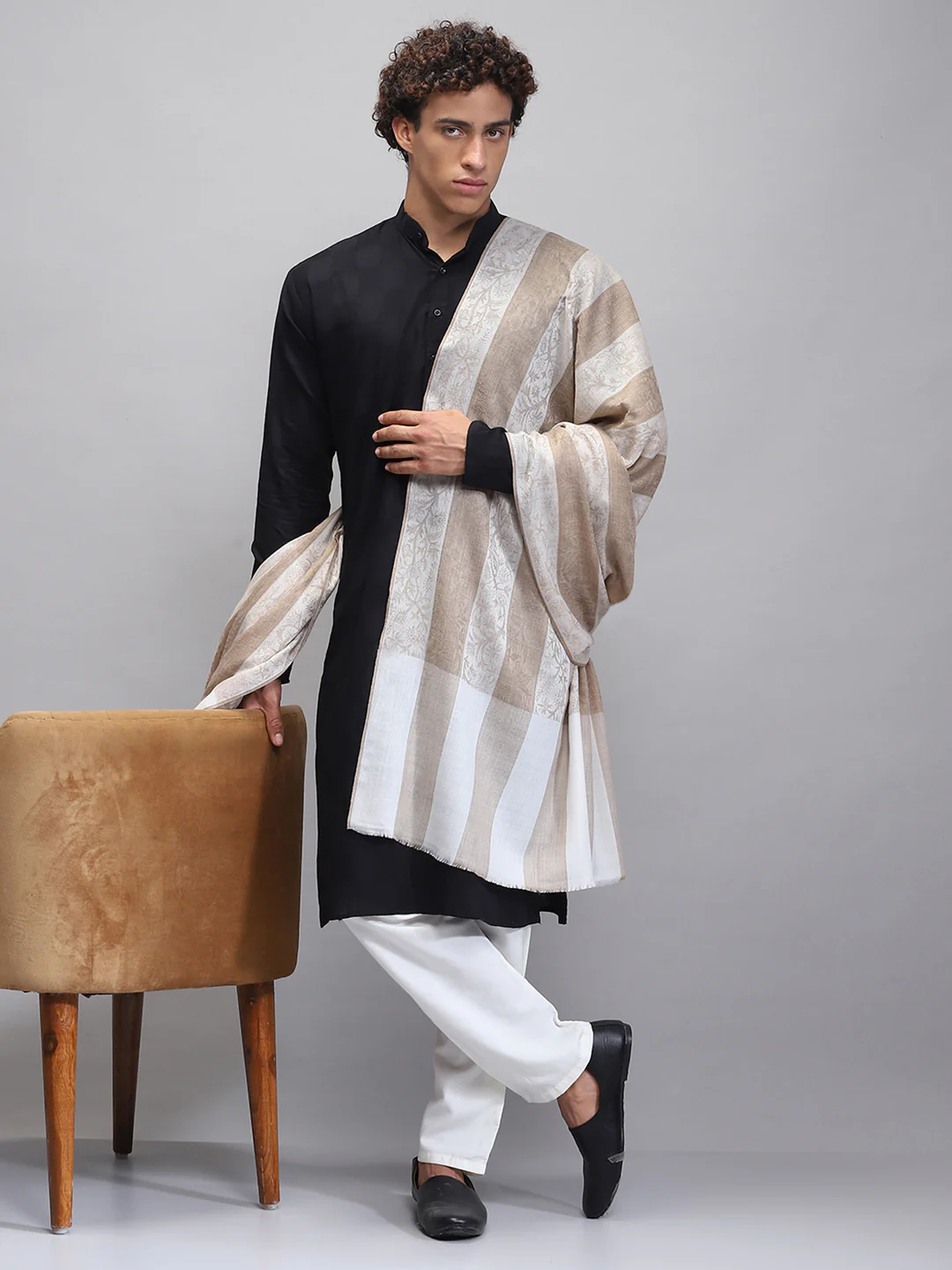 Men Beige Self Design Lohi Shawl - Image 2