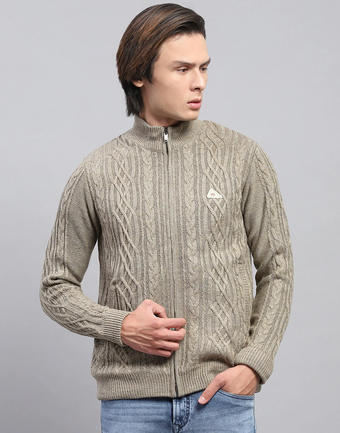 Men Beige Self Design Mock Neck Full Sleeve Jacket - Image 2